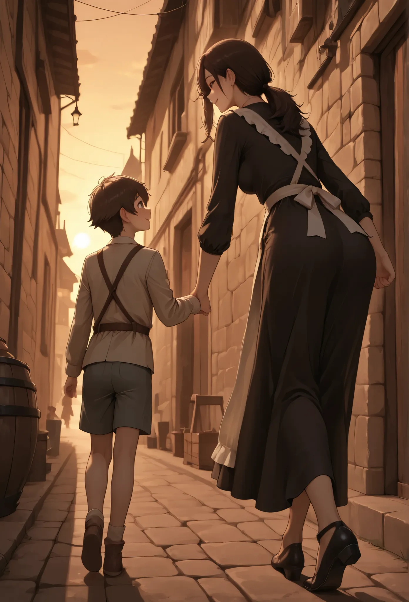 Oil Enamel,Medieval Alley,Sunset,The maid is walking hand in hand with the child and seems to be on good terms,(1 woman and 2 kids), very long low ponytail, kana01,(adult woman),French Maid Outfit, BREAK eye contact,Boy,5 years old,(cute little boy:1.4),ca...