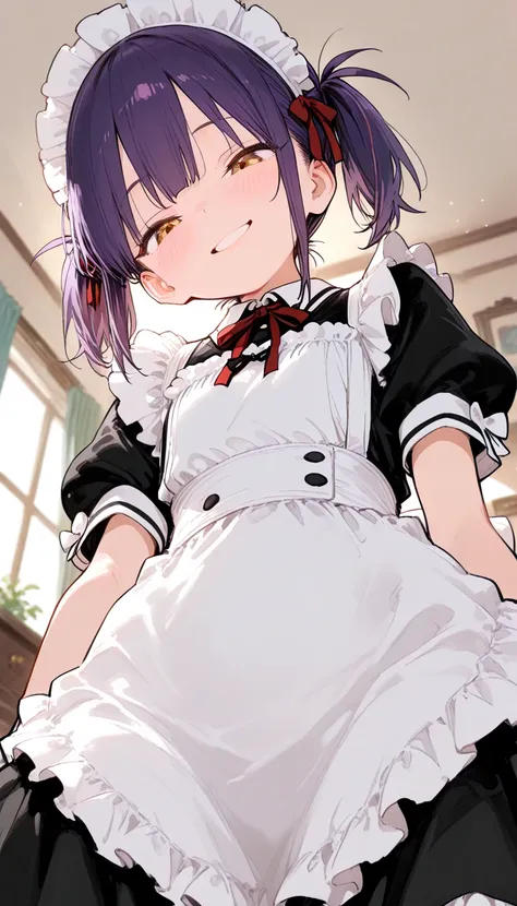 from below, small girl looking down and smiling, maid uniform, bedroom