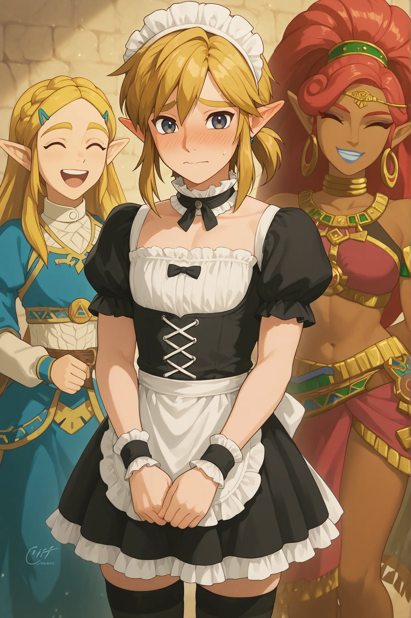 1boy, link, solo, looking at viewer, shy, embarrassed, fidgeting, upper body, maid headdress, hairclip, brown eyes, maid outfit, frilled choker, off shoulder, black dress, white corset, white apron, black thighhighs, masterpiece, best quality, ultra-detail...
