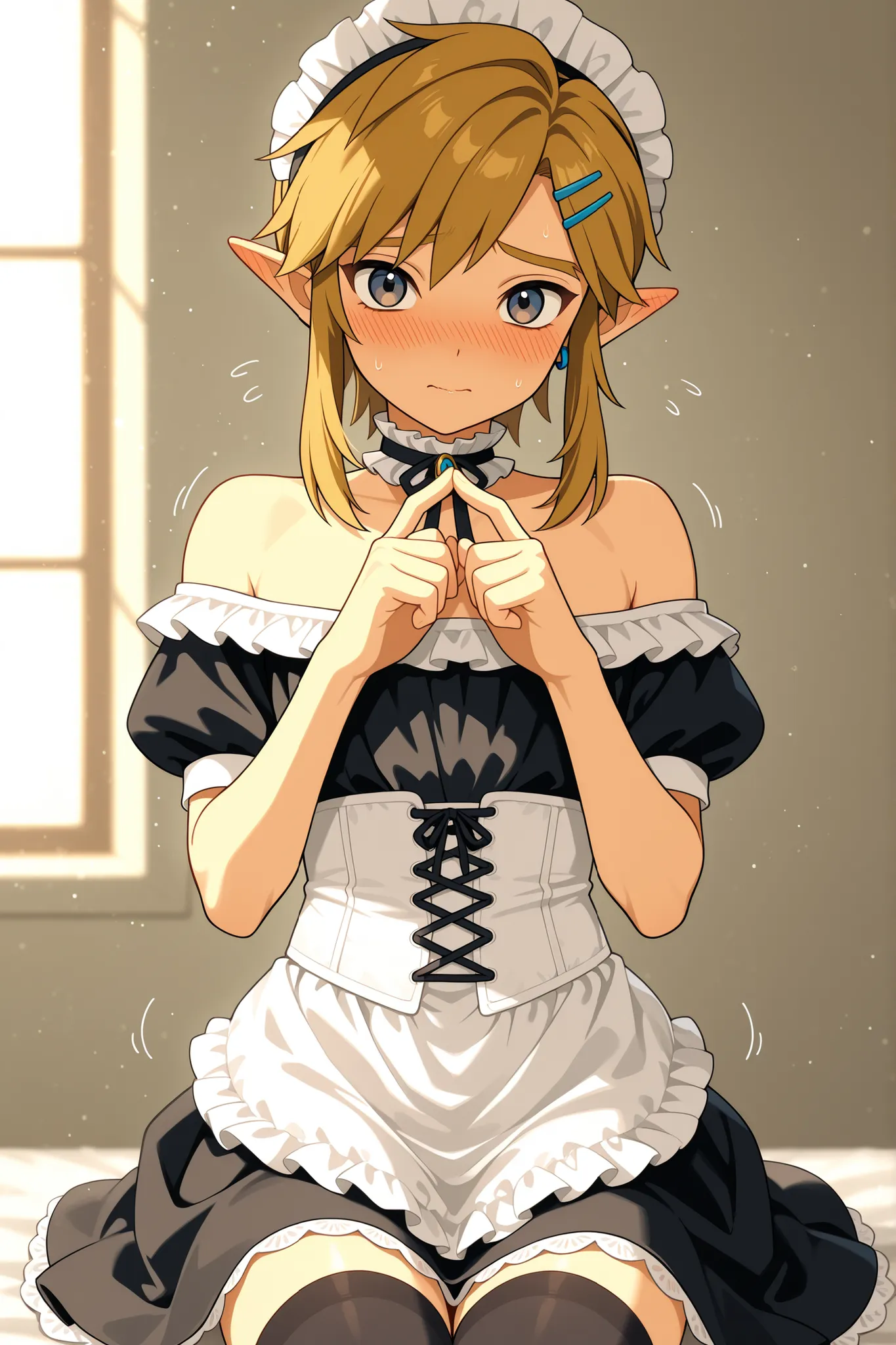 1boy, link, solo, looking at viewer, shy, embarrassed, fidgeting, upper body, maid headdress, hairclip, brown eyes, maid outfit, frilled choker, off shoulder, black dress, white corset, white apron, black thighhighs, masterpiece, best quality, ultra-detail...