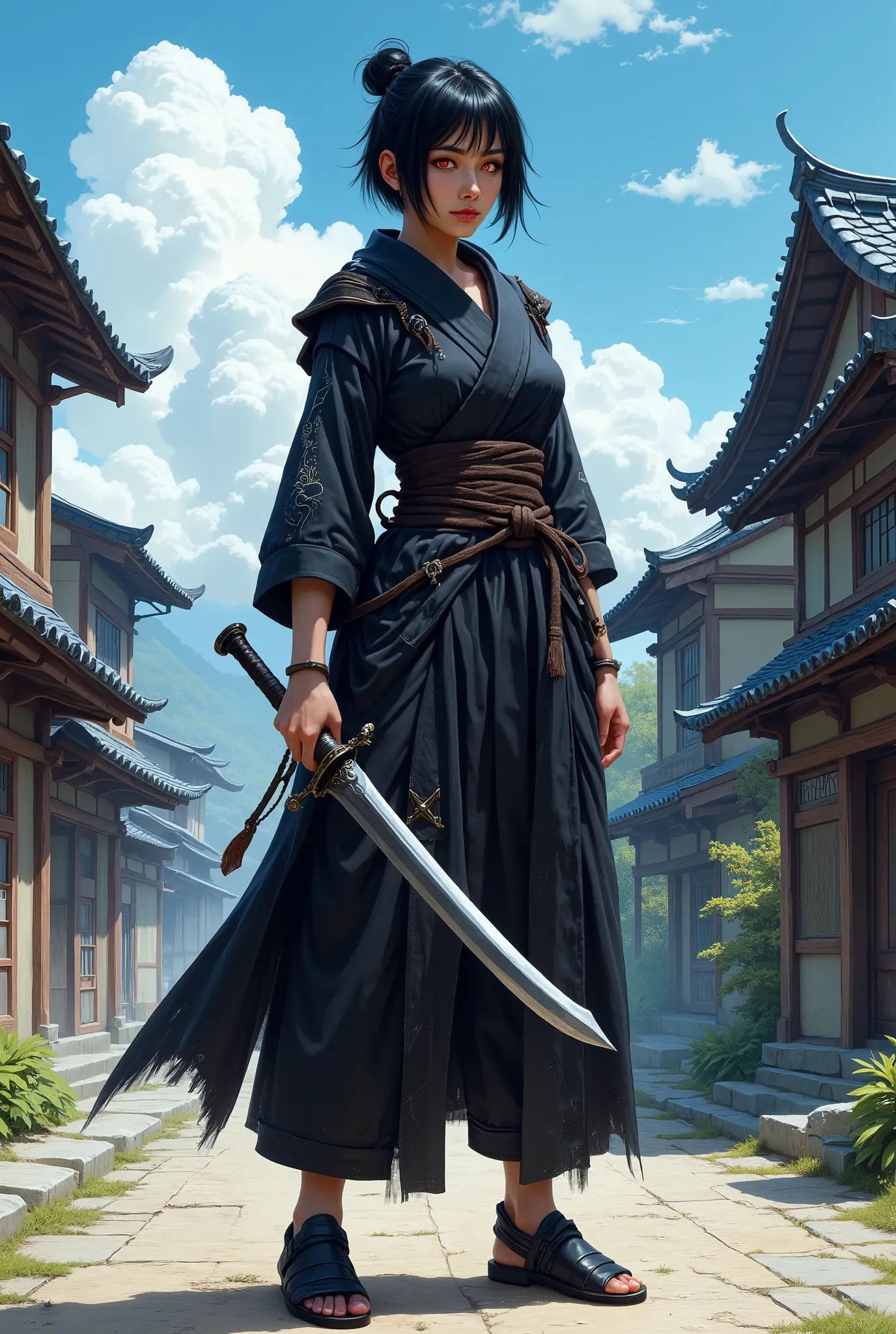 In RPG style, in style of Dungeons & Dragons, in style of fantasy painting. Full body view, looking at the viewer. Image of a female assassin, holding a dagger with dark narrow blade. Tight dark ninja outfit. Traditional japanese footwear. Short Black hair...
