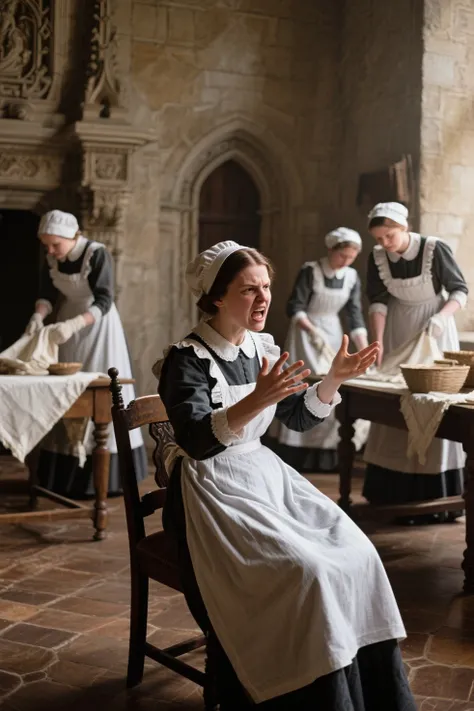 photographic,Maids working hard in a medieval mansion,and only one of them sits on a chair and gives instructions to the other maids while getting angry in an angry manner,