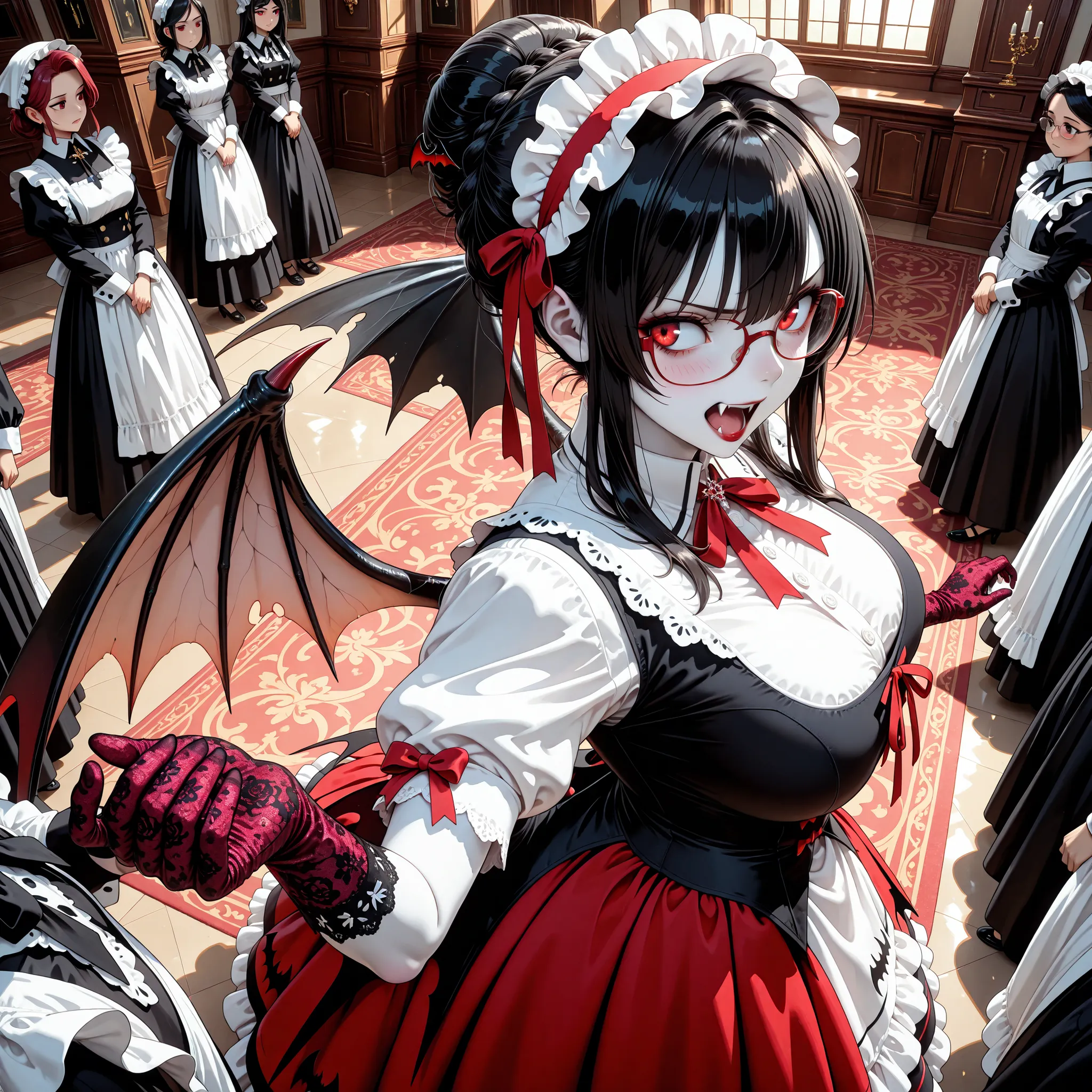 Very High resolution,cute anime-style,masterpiece,best quality,amazing quality,hyper-detailed,very aesthetic,from above,from side,Looking away,The mansion's great hall,A female maid vampire standing before the maids,She is explaining something to the maids...