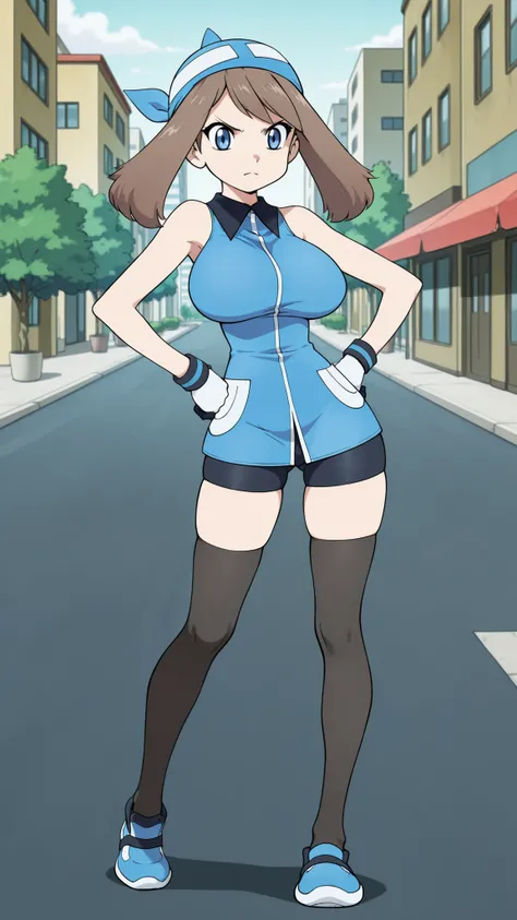 adult older sister, Tall, big boobs, left hand on hips, black knee-high stockings, Absolute region, thighs, Blue shoes, ((top quality)), ((masterpiece)), ((details)), ((anime screenshot, anime cong, )) SapphireBirchILXL, solo, 1girl, two legs, two arms, an...
