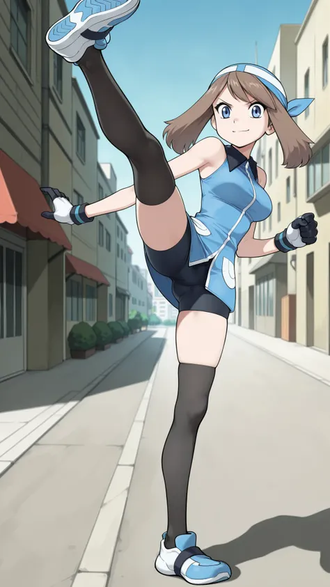 adult older sister, Tall, big boobs, high kick, raised one leg, Kick High, sidekick, black knee-high stockings, Absolute region, thighs, Blue shoes, ((top quality)), ((masterpiece)), ((details)), ((anime screenshot, anime cong, )) SapphireBirchILXL, solo, ...