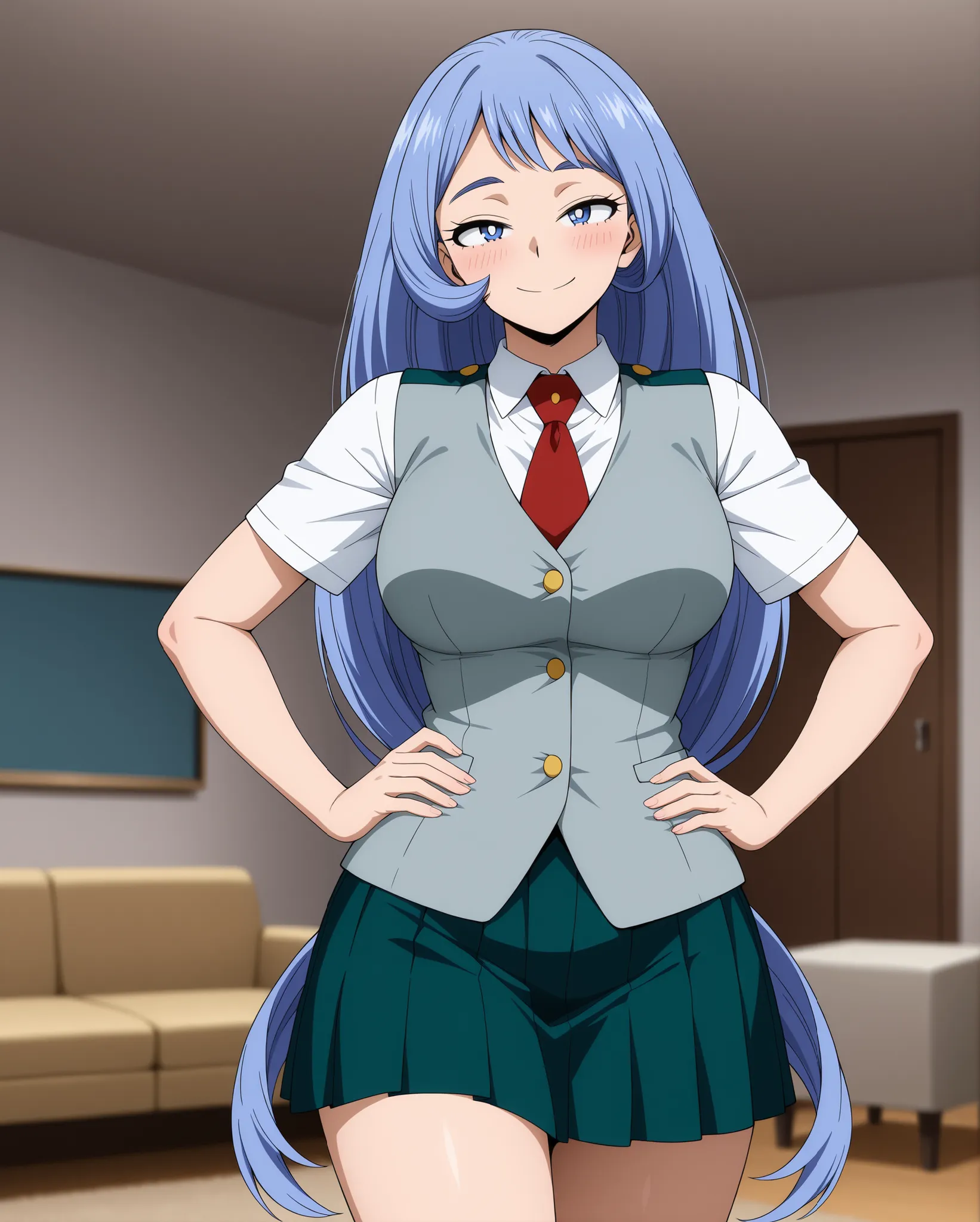 standing, standing straight, hands on hips, 
from front, front view, 
medium breasts, round breasts, amazing chest, 
head, waist, thighs, 

looking at viewer, happy, half closed eyes, blushing, horny, 

	hadou Nejire \my hero academia\, 
blue hair, blue ey...