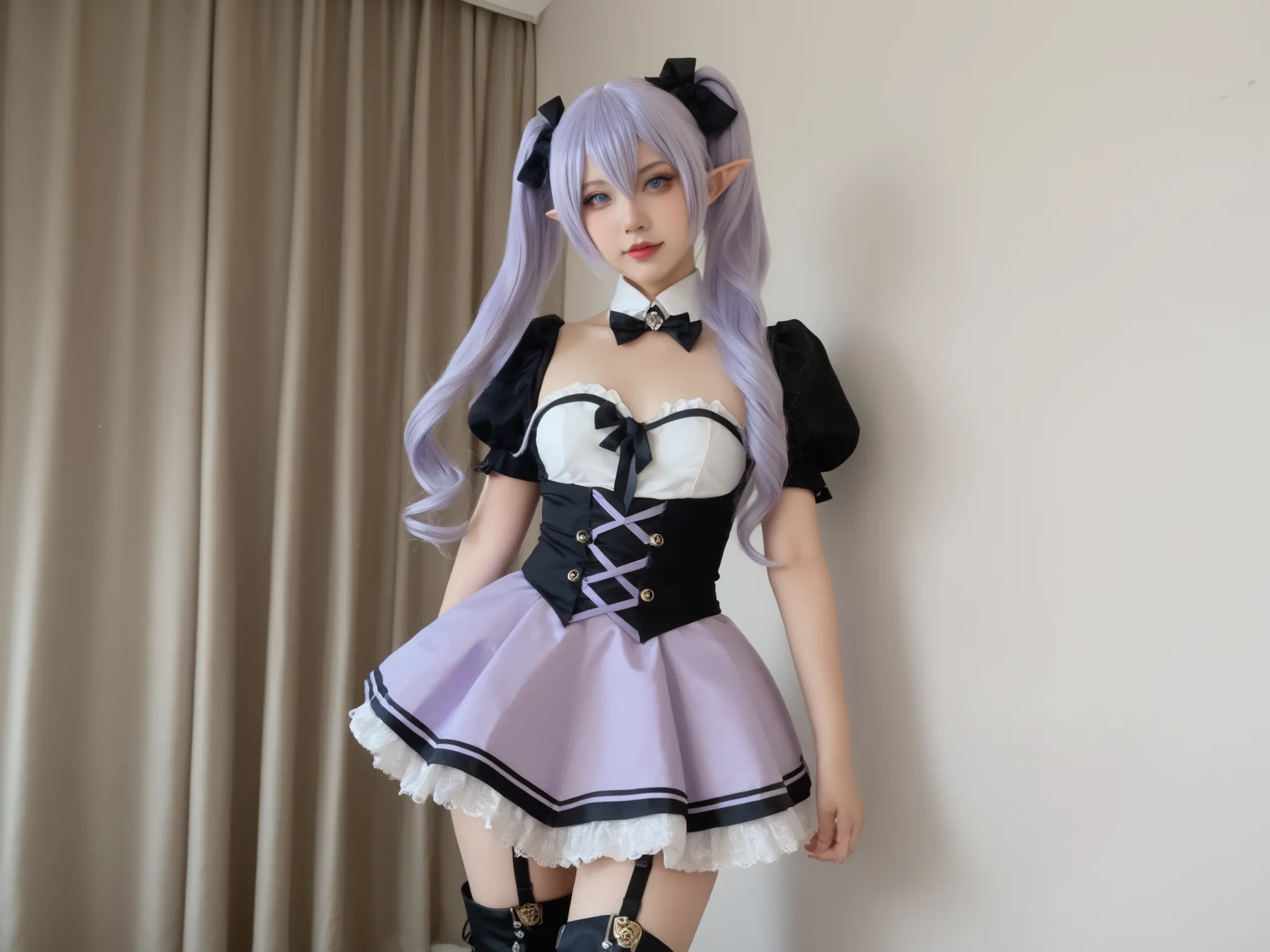 garota meiga, nagomis1_cnr, 1girl, light purple hair, hair between eyes, blue eyes, small breasts, long hair, twintails, elf girl, ela está totalmente pelada, mostrando as tetas e a buceta, seios pequenos, mamilos rosados, puffy sleeves, garter straps, bla...