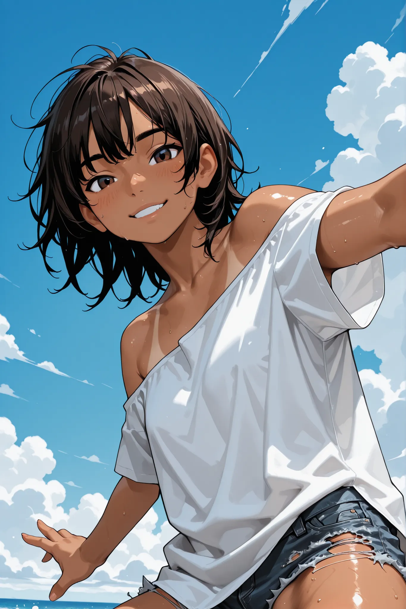 1girl,Super Detailed,absolute resolution,(dynamic angles),(tanned skin:0.5),(tanlines:0.3),portrait,(pinup),((close-up)),upper body,looking at viewer,standhing,legs apart,outstretched arms,oversized white off-shoulder crop top shirt,(untucked shirt),torn d...