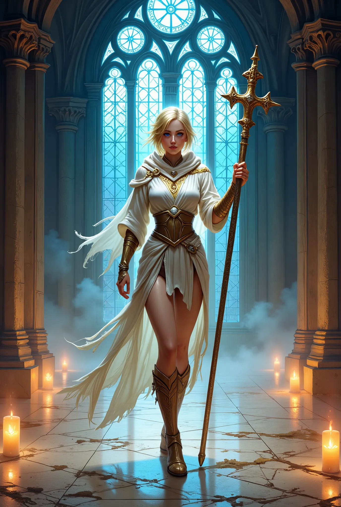 In RPG style, in style of Dungeons & Dragons, in style of fantasy painting. Full body view, looking at the viewer. Image of a female mage, holding a Staff with a small gold cross on top. Tight White sleeveless outfit with gold ornaments. Knee-length skirt....