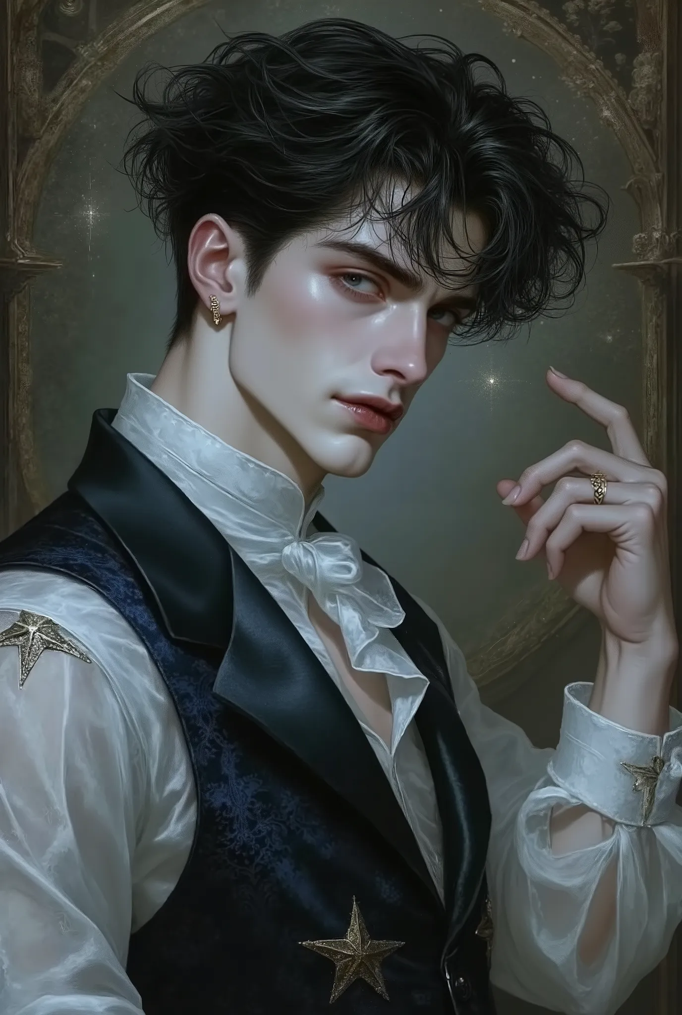 A seductive dark-haired man, around 23 years old, with tousled black waves and piercing grey eyes, posing in an extreme foreshortened angle from below. The view starts from his legs, emphasizing his strong thighs, narrow waist, and broad shoulders as he le...