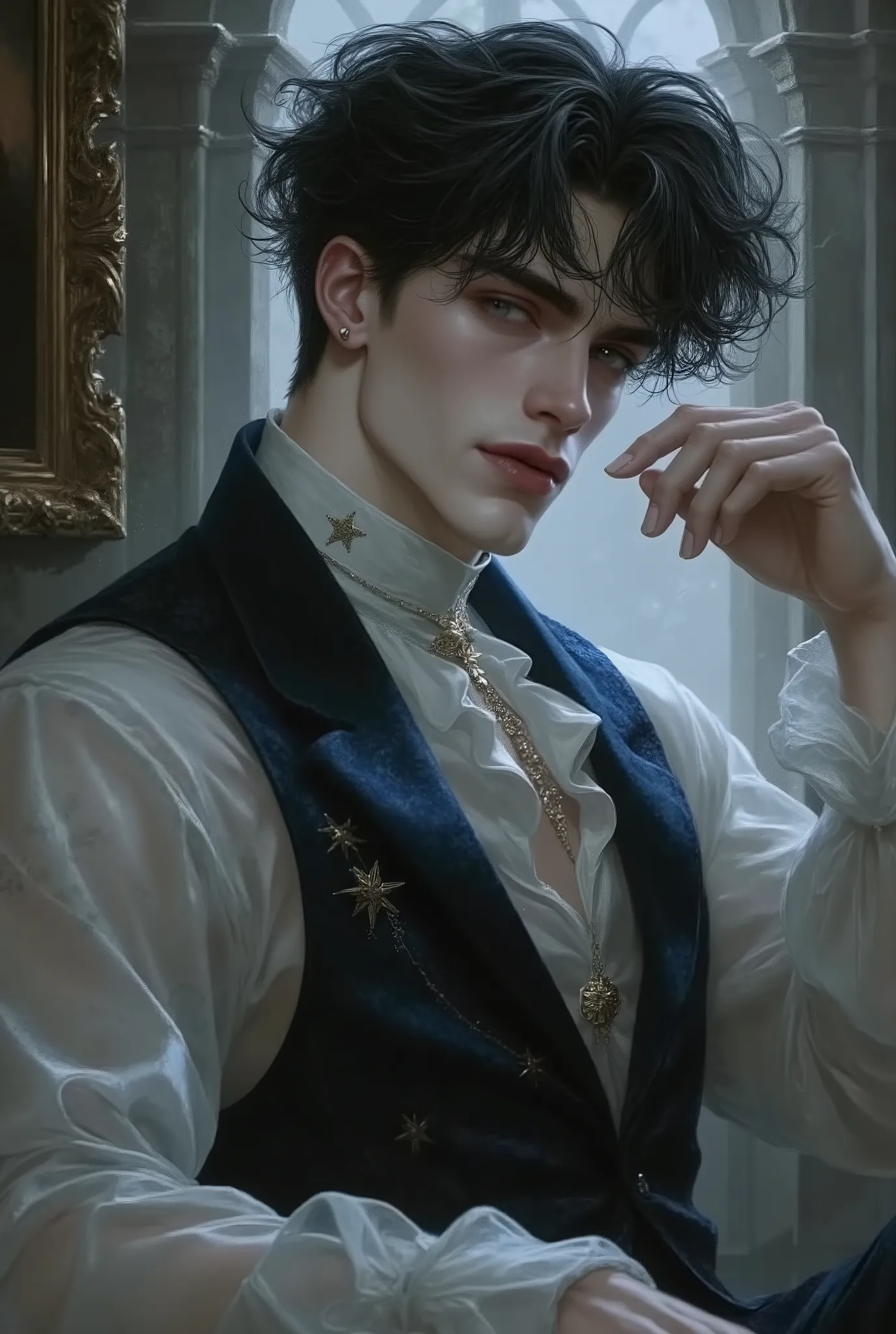 A seductive dark-haired man, around 23 years old, with tousled black waves and piercing grey eyes, posing in an extreme foreshortened angle from below. The view starts from his legs, emphasizing his strong thighs, narrow waist, and broad shoulders as he le...
