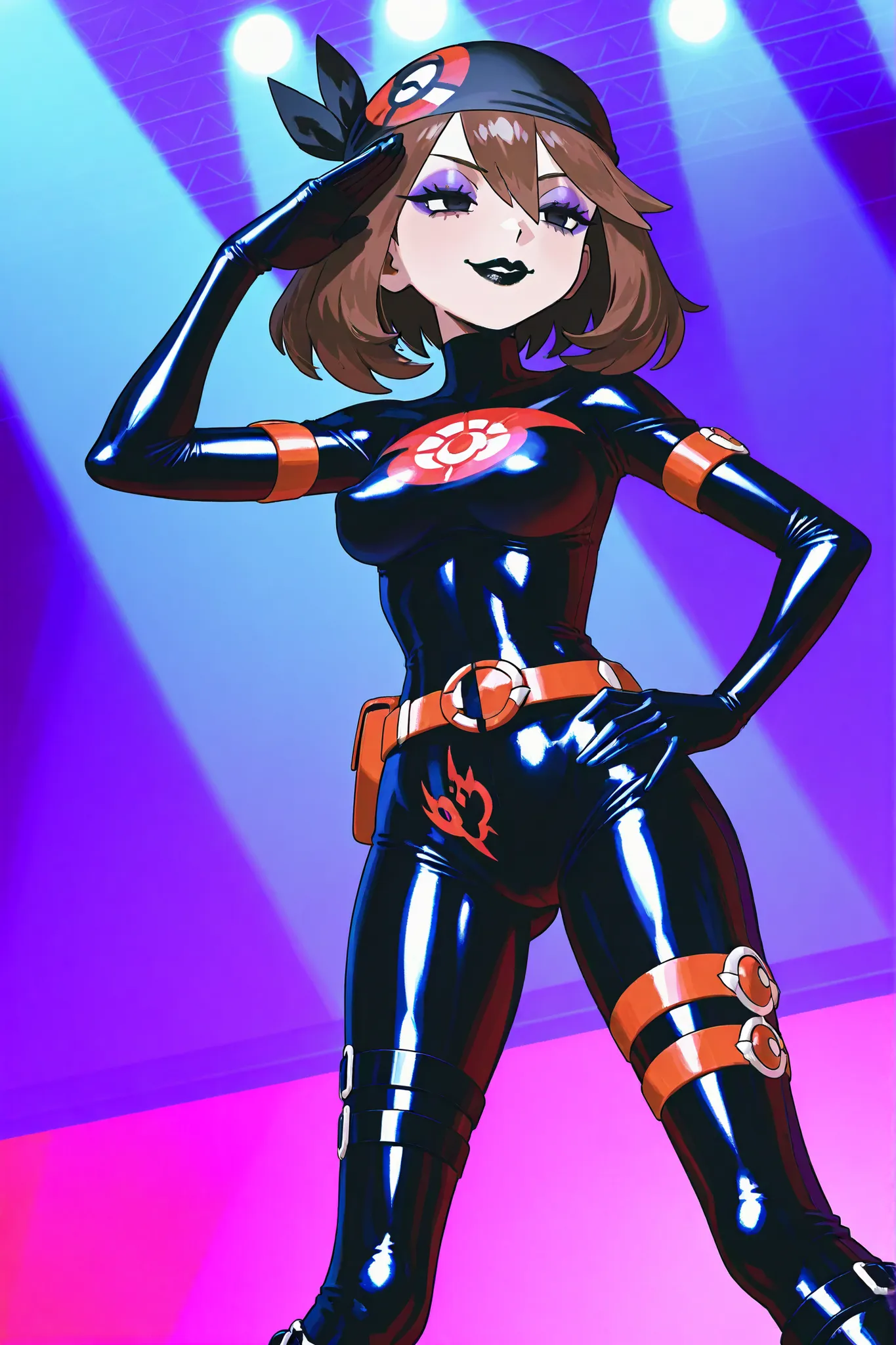 May Pokemon. Brown hair. Black bandana. Villain eyeshadow. Purple eyeshadow. Sleepy eyes. Sarcastic smile. Black lips. Glossy. Black latex bodysuit. Red symbol on chest. Belt. Perky breasts. Slender waist. Thighs. Oversized boots. Leg straps. Crotch tattoo...