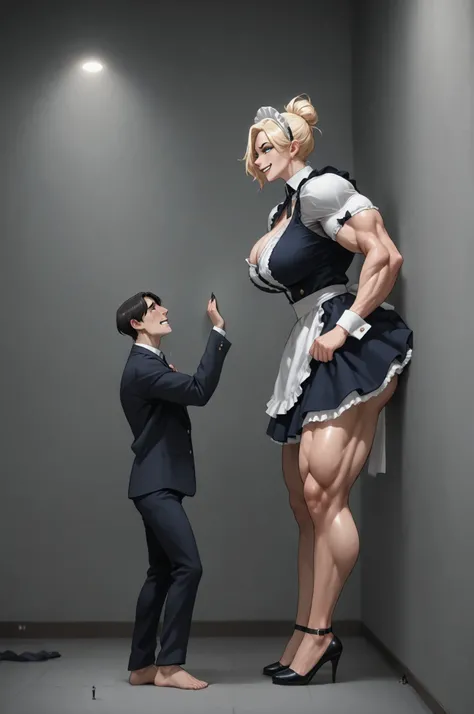 (1 girl, amazon blonde bimbo, female bodybuilder, smug woman, extreme female muscles, giantess, large breasts, woman standing tall, woman lifting guy up to her eye level by his shirt, woman giving the man a deep kiss, sexy French maid costume, high heels),...