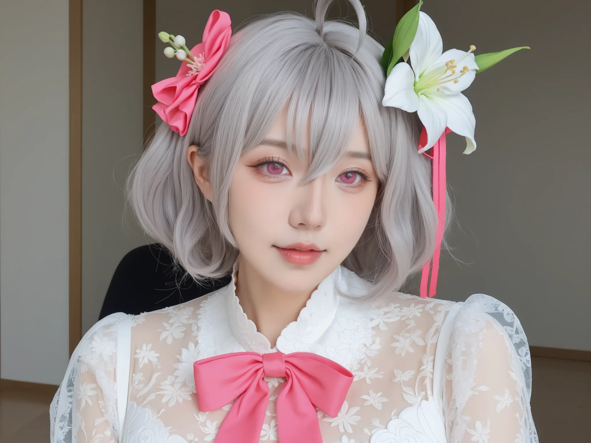 lily, pink eyes, bangs, hair ornament, bow, ribbon, hair between eyes, hair ribbon, flower, ahoge, grey hair, hair flower, medium hair, white flower, mature female, breasts, anime screencap, pele,traços faciais detalhados, sardas,Ance,