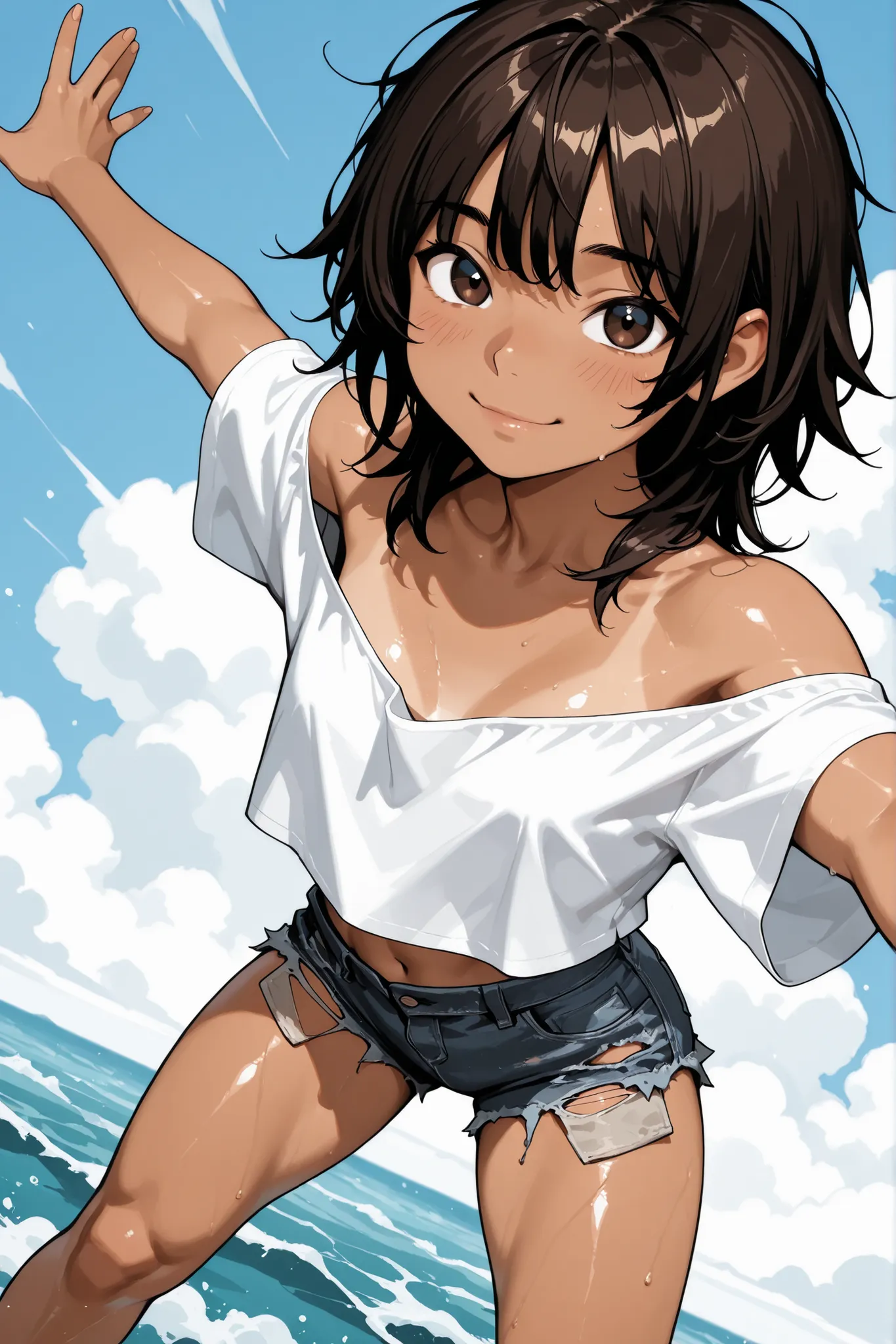 1girl,Super Detailed,absolute resolution,(dynamic angles),(tanned skin:0.5),(tanlines:0.3),portrait,(pinup),((close-up)),cowboy shot,looking at viewer,standhing,legs apart,outstretched arms,oversized white off-shoulder crop top shirt,(untucked shirt),torn ...