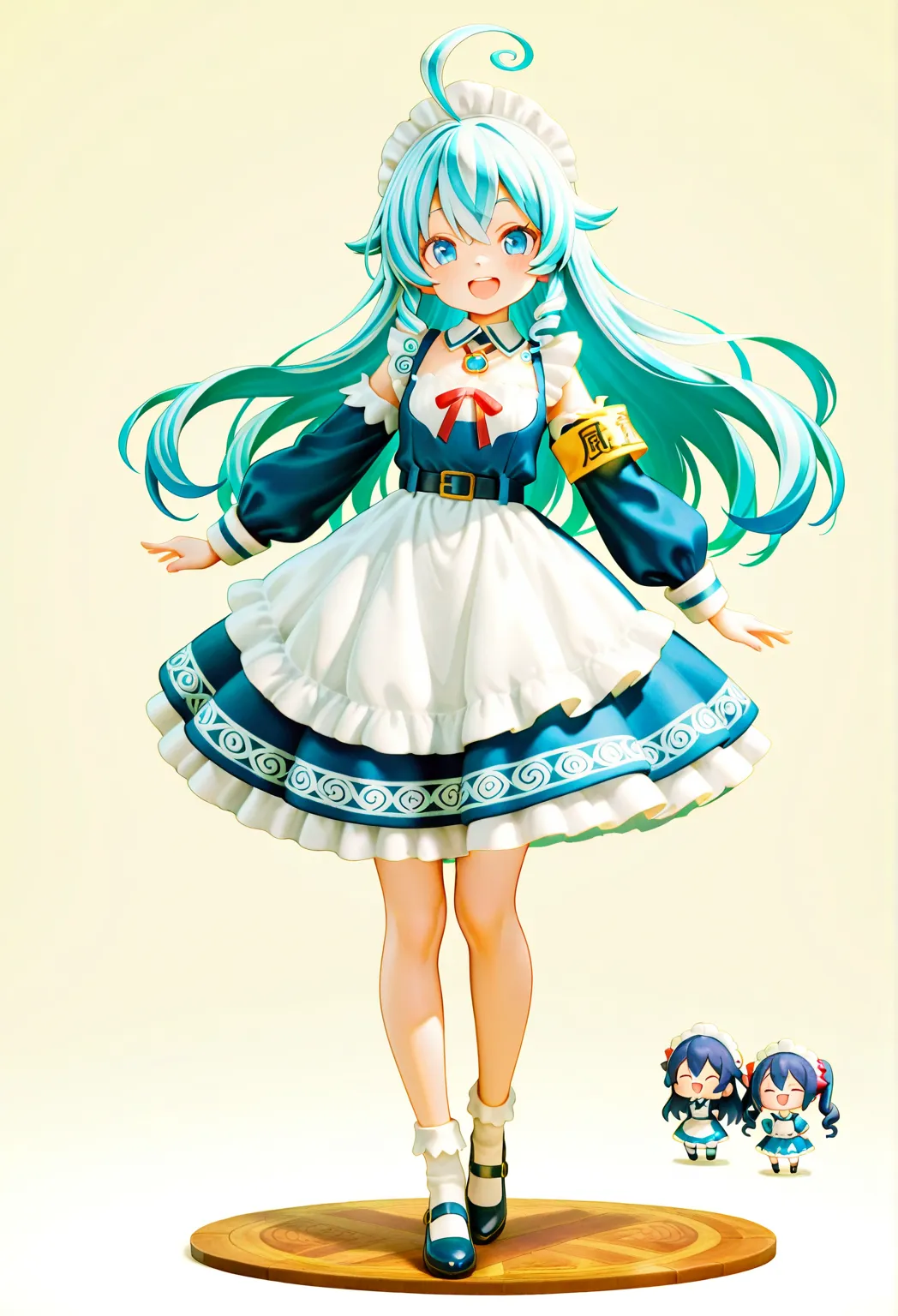 masterpiece, top quality, Amazing Quality, Doll with Perfect Face, highest resolution, 8k, anime style image, detailed eyes, Clear eyes, 1girl, chibi, Ryugu Unotsukai Musume, Blue hair, (White two-striped hair), swirling idiot hair, long hair, 赤い二本の長いリボンが付いているMaidカチューシャ, Maid様, Maid, Maid服, Sadist, Queen, S, ドSMaid, SadistMaid, Large Swirl Pendant with Ribbon on Chest, 「SeaArt」armband with the letters, Belt that is large at the waist and features a round swirl pattern in the middle, white and blue dress, Swirling pattern on the tip of the skirt, Full Body, Smiling Face, laugh eerily,
