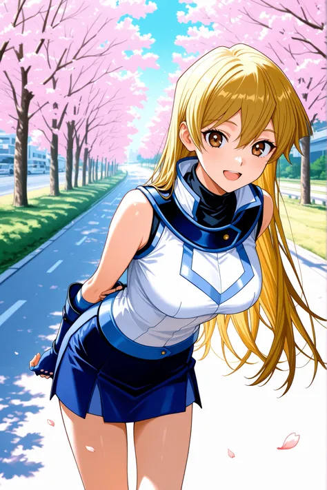score_9, score_8_up, score_7_up, score_6_up, score_5_up, score_4_up, source_anime, aaasuka, long hair, blonde hair, brown eyes, breasts, turtleneck, white jacket, sleeveless, fingerless gloves, blue gloves, miniskirt, blue skirt,  smile, open mouth, standi...