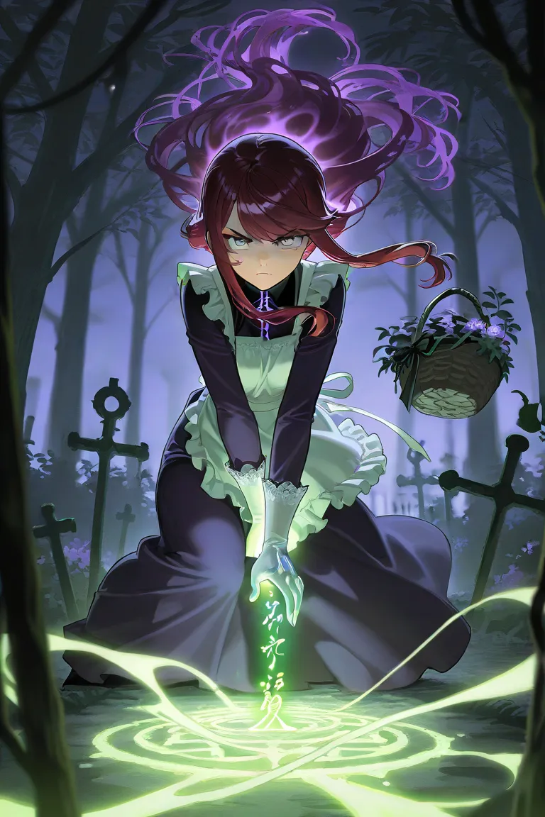 best quality, masterpiece, action pose, dynamic angle, cemetery nestled in a swamp, willow trees ring the iron fence of the cemetery, basket of flowers, weathered tombstones of varying types are visible, vines, lush foliage,night, trees, a path of sunken stones covered in moss, one girl has an arm outstretched, she holds a lantern in her other hand, the broom sweeps away dust from a stone path, she looks like this: stoic, thin, gray eyes, dark red hair, swept bangs, long hair ending in curls, long sidelocks framing face, white lace apron, dark purple dress, long dress, gloves, frills, dusk, a single purple willow tree, glowing runes on gloves, exorcising skeleton, ((hand raised, spell cast, light green glow over hand, serious expression, dark purple skeleton,skeleton with shadowy aura)), creepy atmosphere, masterpiece, ultra rendered anime,