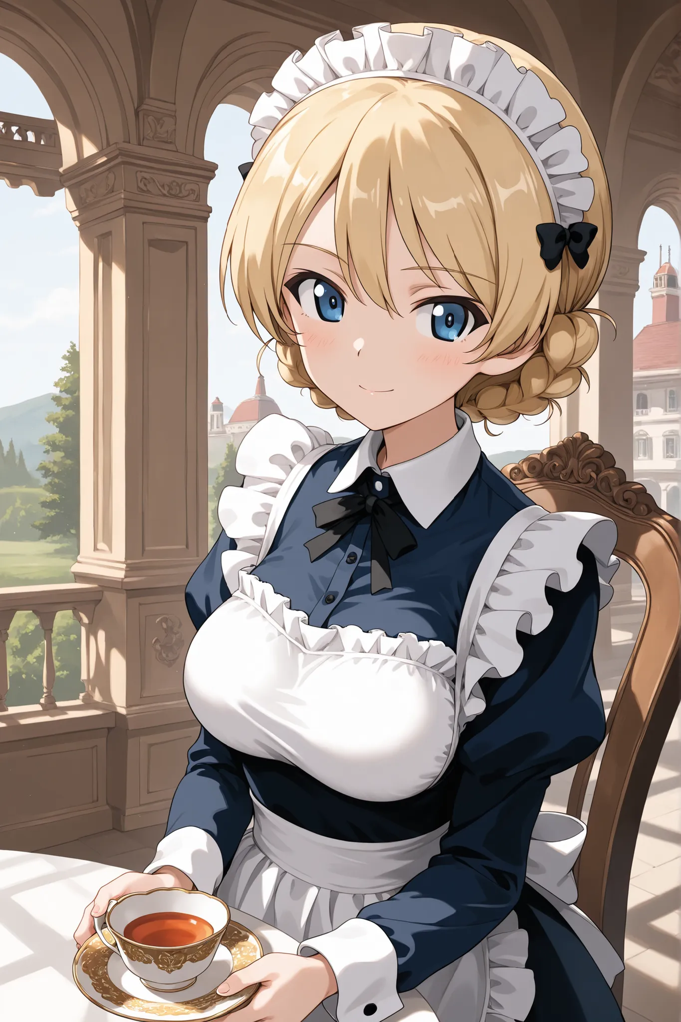 masterpiece, character, Girls Und Panzer, Darjeeling, Victorian maid uniform, tea service, tea cakes, Indian architecture