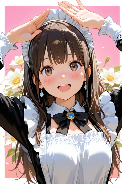 masterpiece,best quality, source anime, photorealistic, hyperrealistic, 8k,super detailed, extreme detailed,BRAKE  
ultra-detailed illustration of 1girl in edwardian Maid, solo, black long  hair, brown eyes, happy smile, open mouth , dynamic pose, cute pose, perfect anatomy, perfect hands, five fingers, pop background,pop art, floral background  ,blush ,embarrassed,