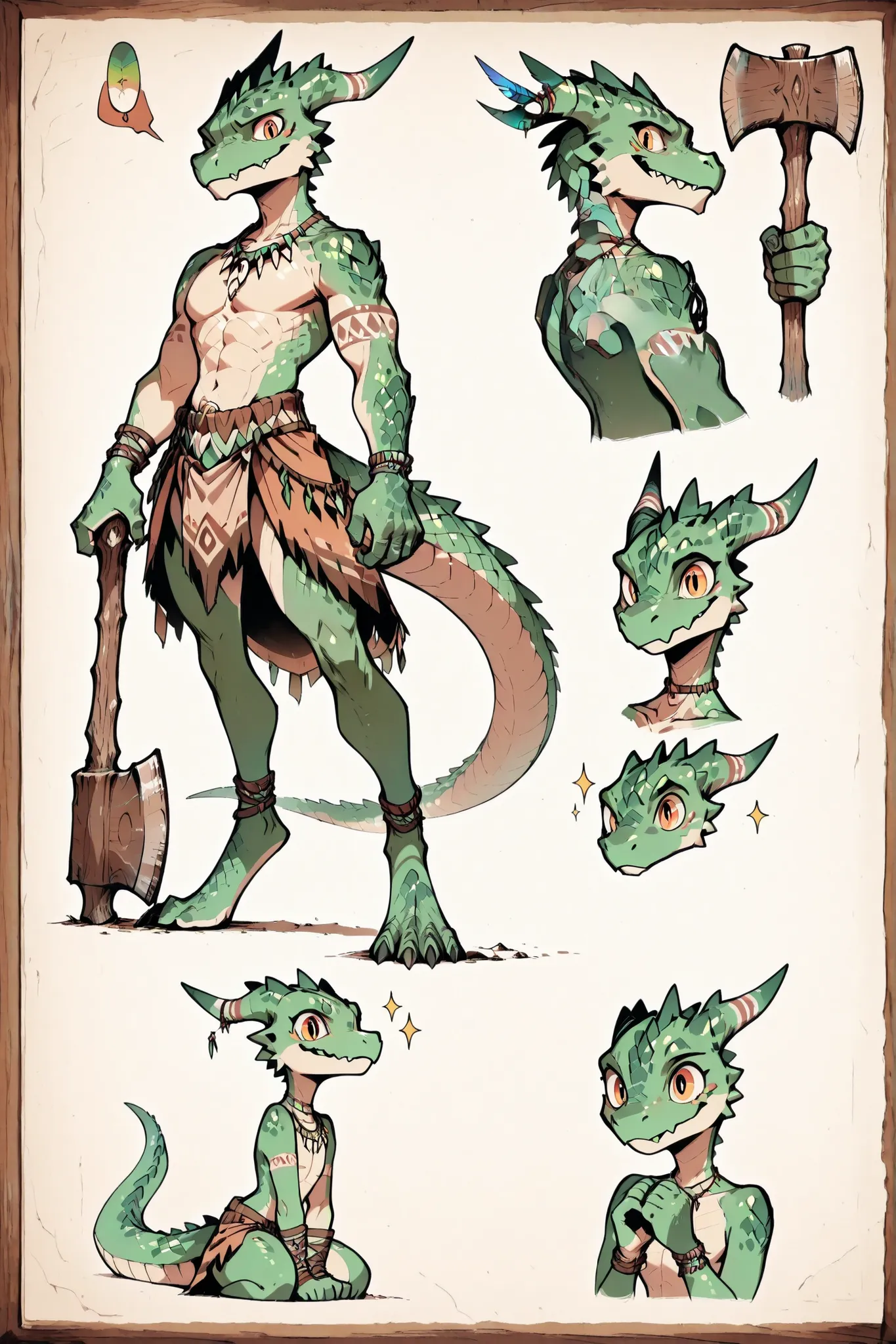 ( solo male, green skin, green scales, (((Kobold)), (detailed kobold)) wearing a adventure equipament , a tribal clothes, topless,character design, wooden axe in his hands