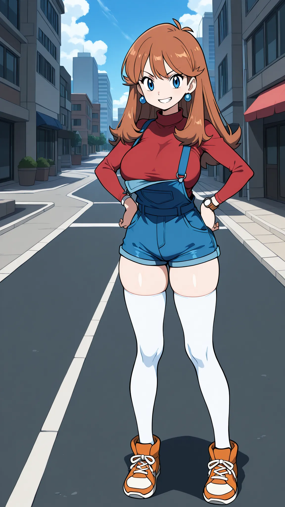 adult older sister, Tall, big boobs, slim sexy body that can be licked by mobs, left hand hips, bare hands, red long sleeve shirt, blue overalls denim overalls, white knee-high stockings, Absolute region, thighs, Beautiful legs, Beautiful legs, orange snea...