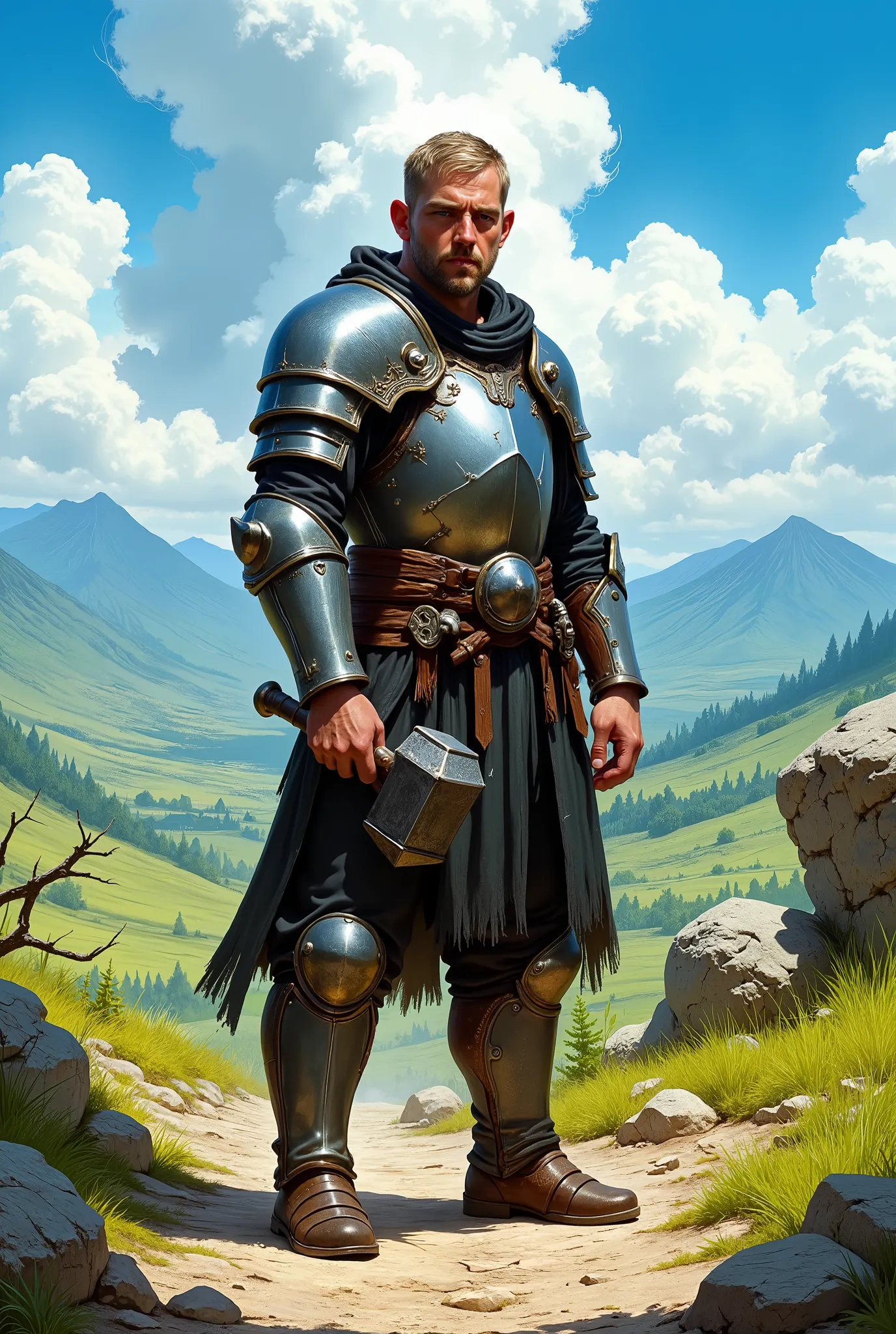 In RPG style, in style of Dungeons & Dragons, in style of fantasy painting. Full body view, looking at the viewer. Image of a male cleric, holding a warhammer. Mail armor . Dark pants and dark leather boots with small heels. Short hair. Standing with both ...