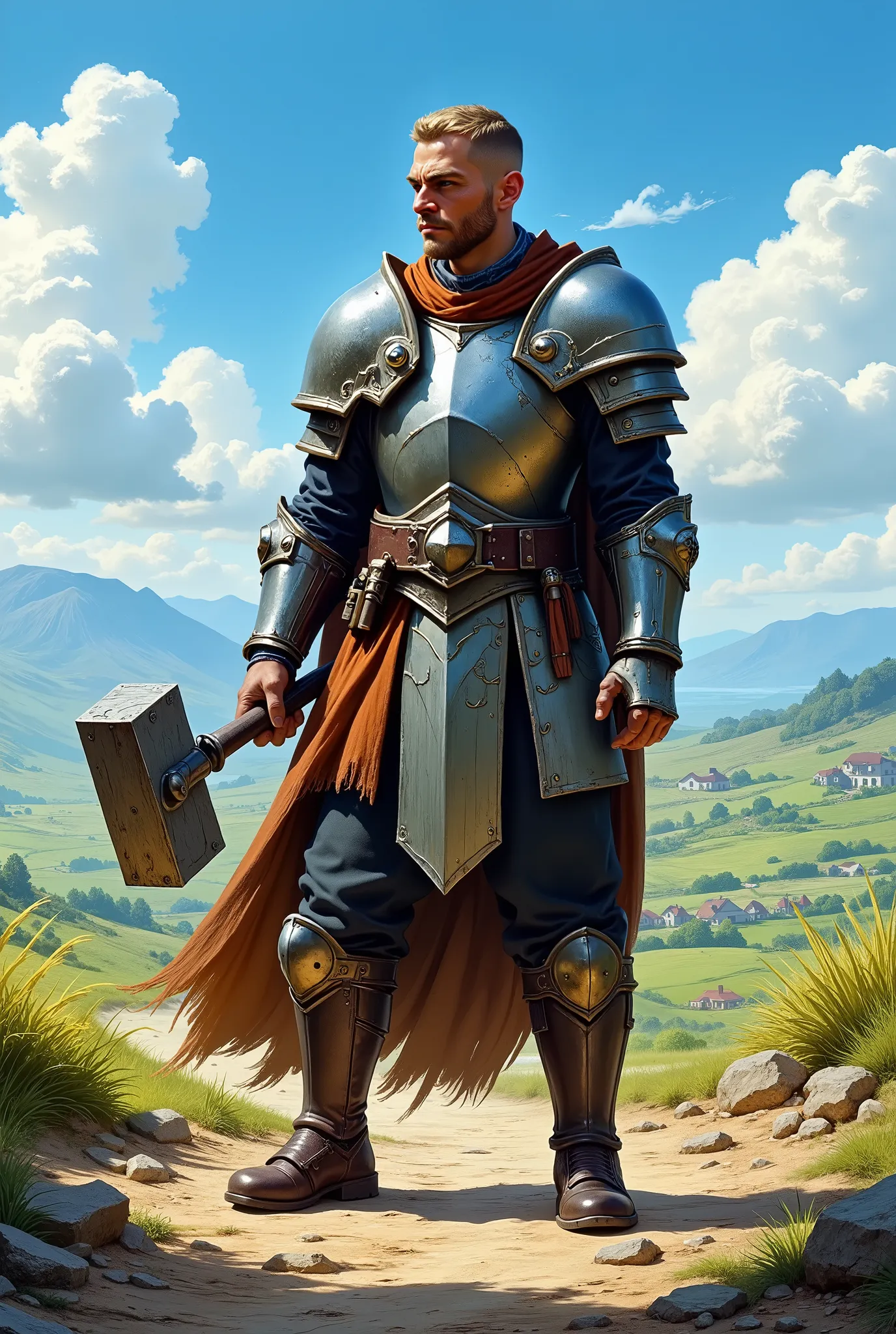In RPG style, in style of Dungeons & Dragons, in style of fantasy painting. Full body view, looking at the viewer. Image of a male cleric, holding a warhammer. Mail armor . Dark pants and dark leather boots with small heels. Short hair. Standing with both ...