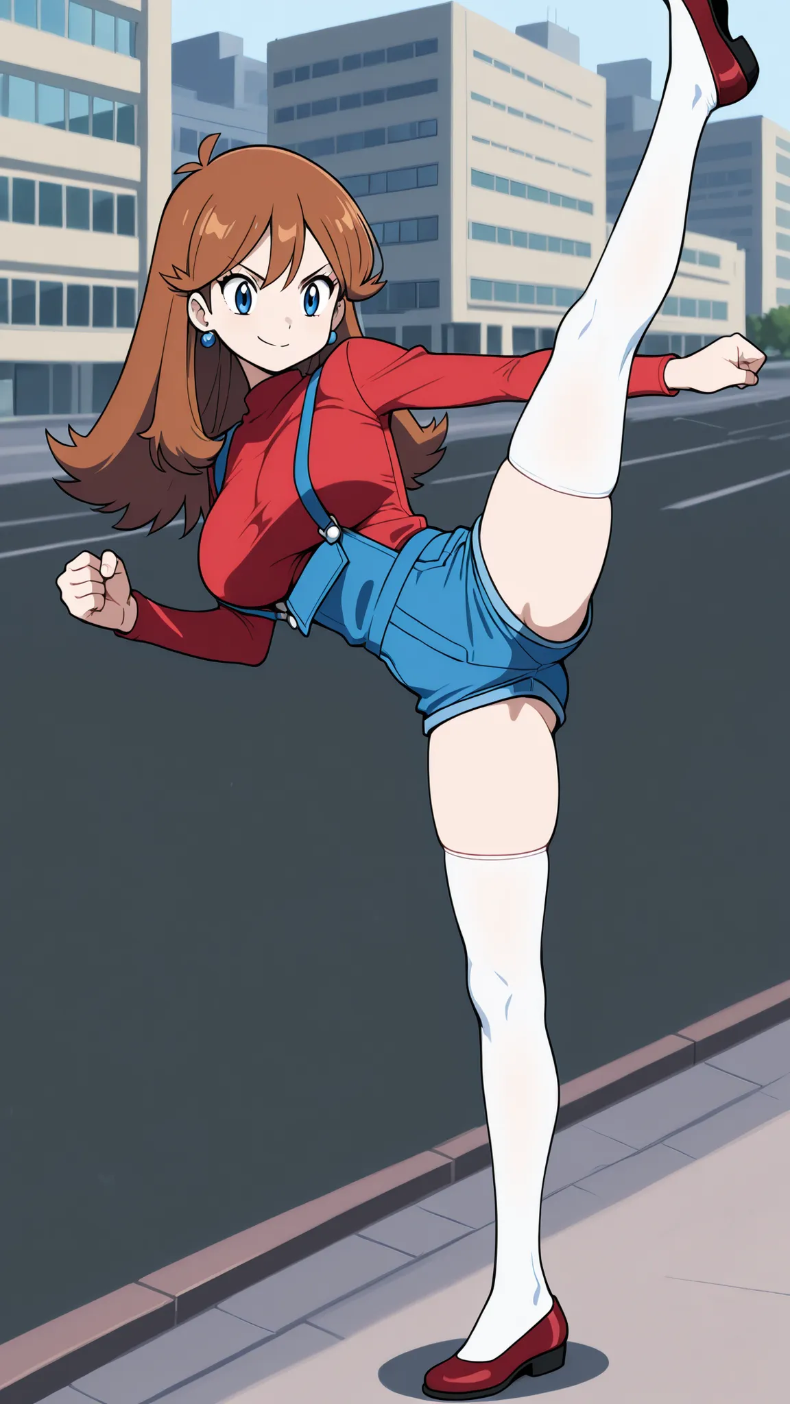 adult older sister, Tall, big boobs, slim sexy body that can be licked by mobs, high kick, raised one leg, Kick High, sidekick, bare hands, red long sleeve shirt, blue overalls denim overalls, white knee-high stockings, Absolute region, thighs, Beautiful l...