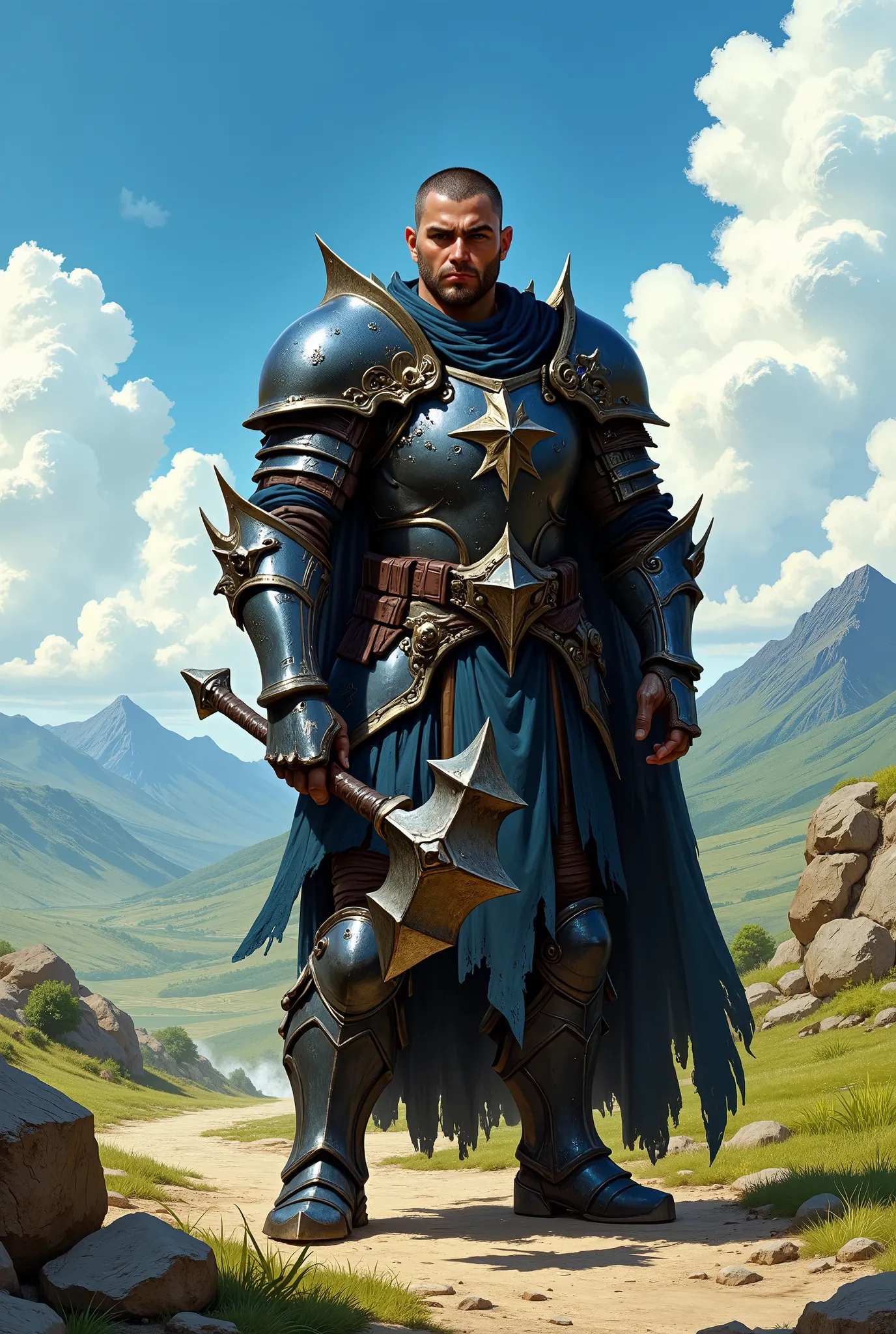 In RPG style, in style of Dungeons & Dragons, in style of fantasy painting. Full body view, looking at the viewer. Image of a male cleric, holding a warhammer. Dark Metal armor. Dark pants and dark leather boots with small heels. Short hair. Standing with ...