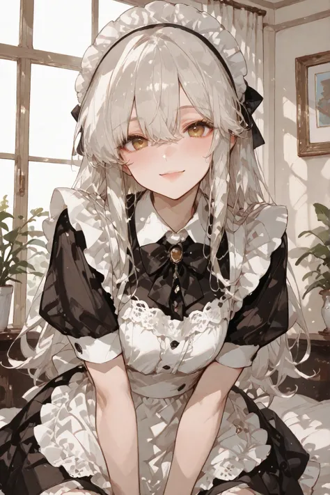 「Maid様」。lace apronを身にまといながら、Who is the girlfriend that everyone prostrates？。Maid、lace apron、bow、beautiful smile、Delicate body type、A soft gaze、kind smile、Graceful Posture、delicate hand movements、大勢のMaidの先頭に立っている、大勢のMaidは怖がっている
