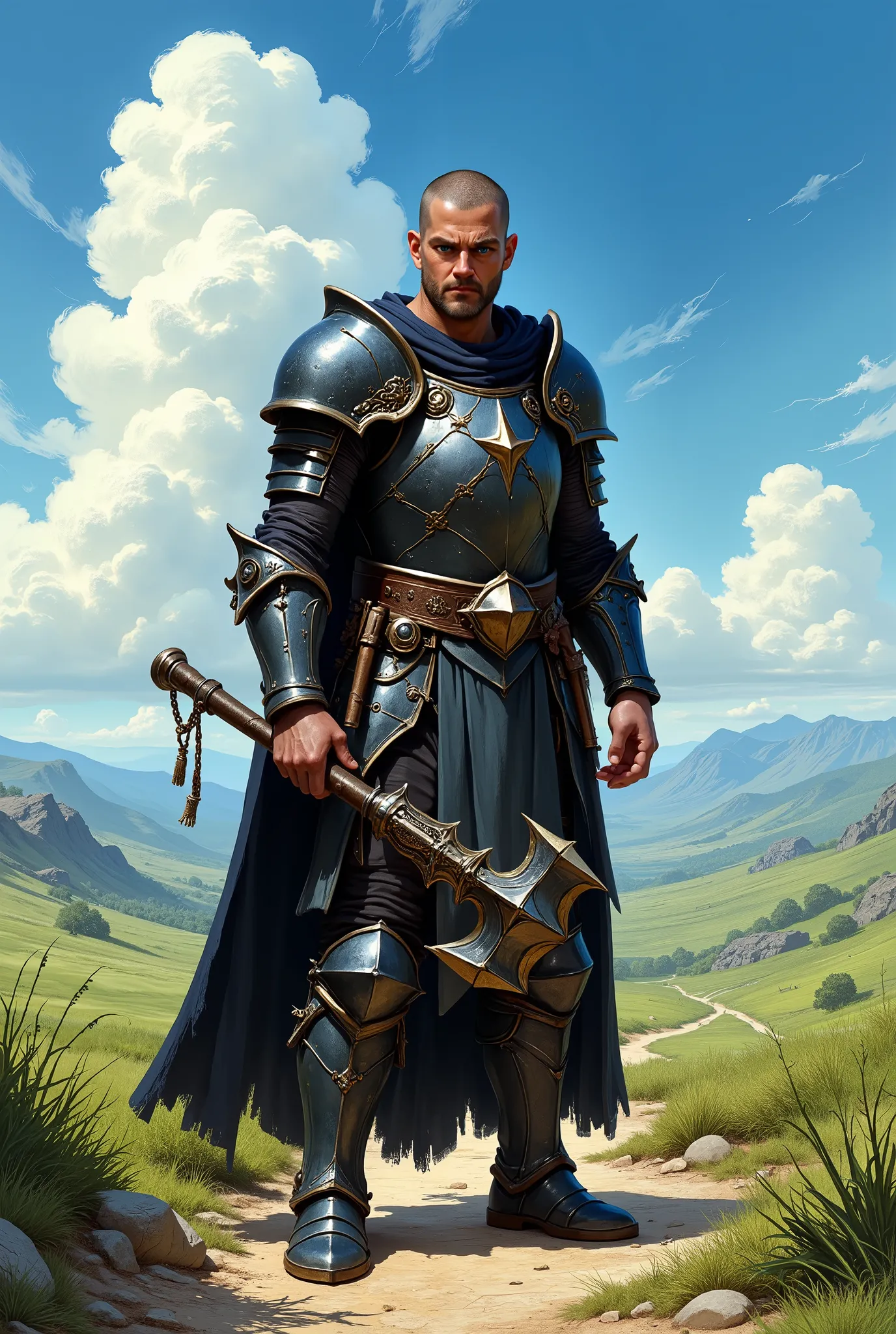 In RPG style, in style of Dungeons & Dragons, in style of fantasy painting. Full body view, looking at the viewer. Image of a male cleric, holding a warhammer. Dark Metal armor. Dark pants and dark leather boots with small heels. Short hair. Standing with ...