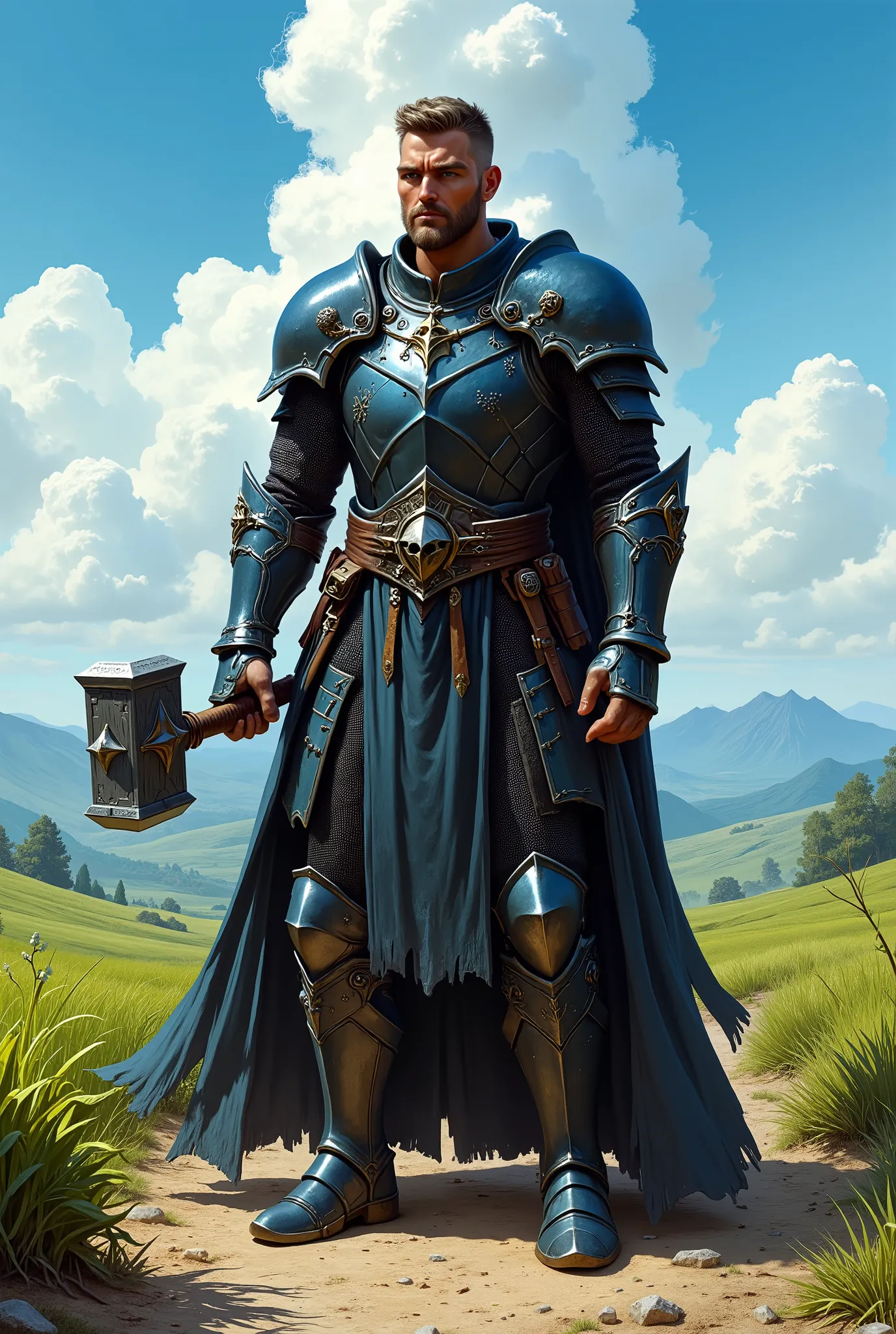 In RPG style, in style of Dungeons & Dragons, in style of fantasy painting. Full body view, looking at the viewer. Image of a male cleric, holding a warhammer. Dark Metal armor. Dark pants and dark leather boots with small heels. Short hair. Standing with ...