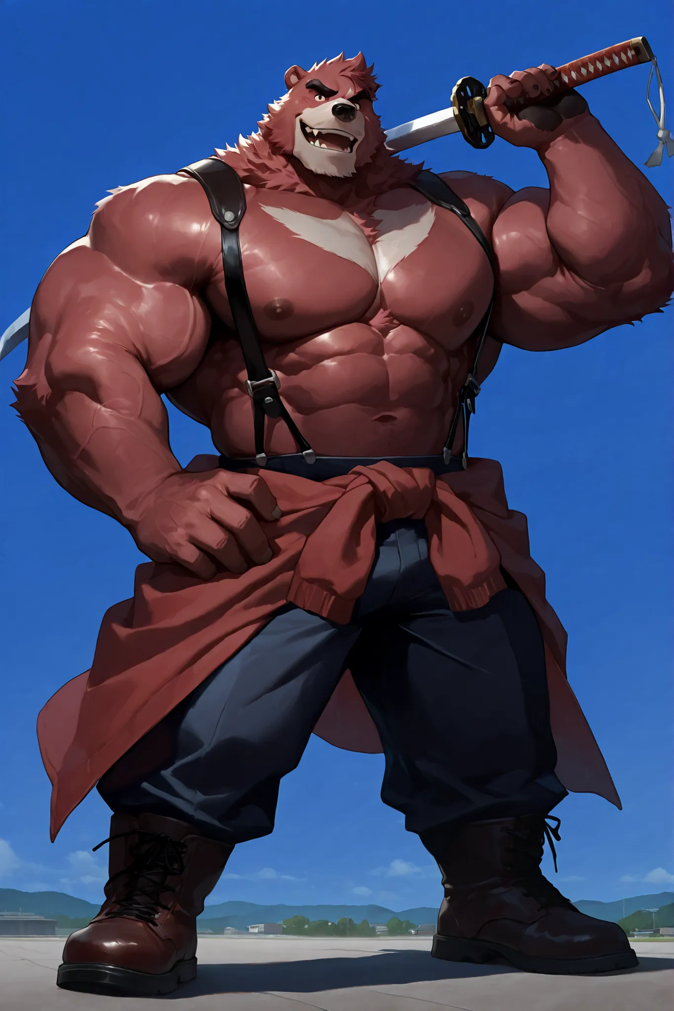 solo, 1boy, muscular, kumatetsu:1.3, red bear, very huge pectoral, pants, suspender, holding sword in shoulder, detailed face, blue sky, tokyo, smile, detailed eyes, wide shoulder, thick arms, wide pectoral, muscle, short hair:1.2, detailed eyes, focus eye...