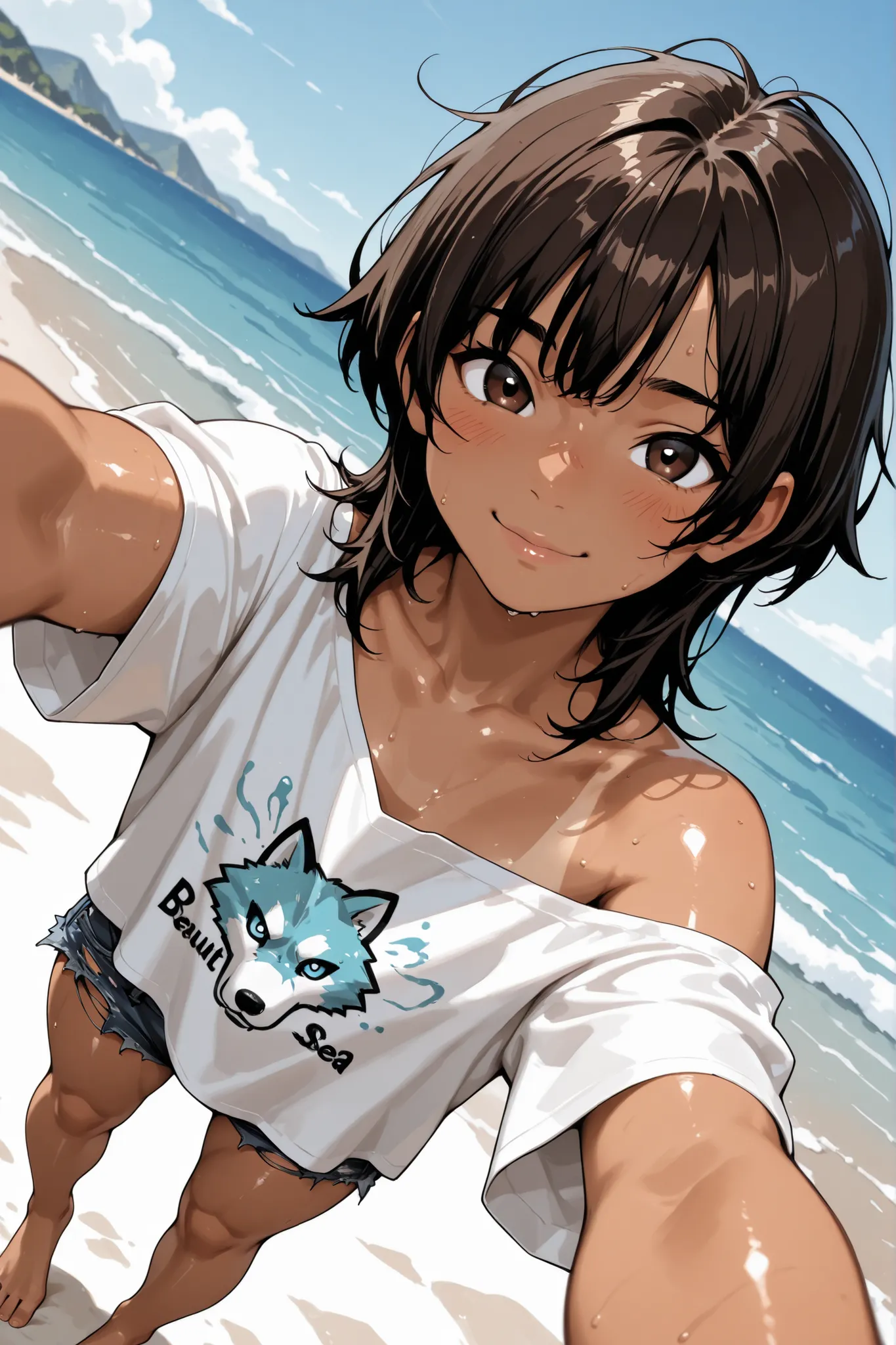 1girl,Super Detailed,absolute resolution,(dynamic angles),(tanned skin:0.5),(tanlines:0.3),portrait,(pinup),((close-up)),upper body,looking at viewer,standhing,legs apart,outstretched arms,oversized white off-shoulder crop top shirt,(untucked shirt),torn d...