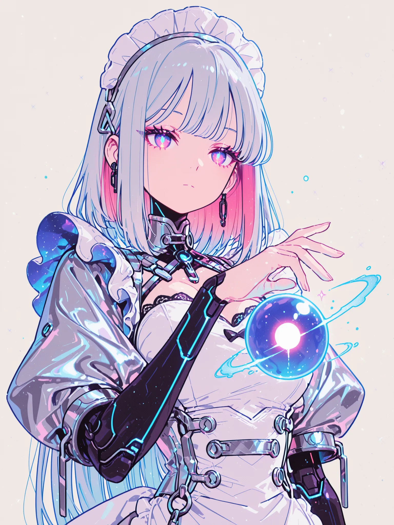 anime,rich,beautiful woman, mid-torso composition, futuristic android maid, emotionless expression,
cool white and silver maid uniform, high-gloss metallic textures, lace accents glowing faintly,
one hand extended forward, controlling a floating hologr...