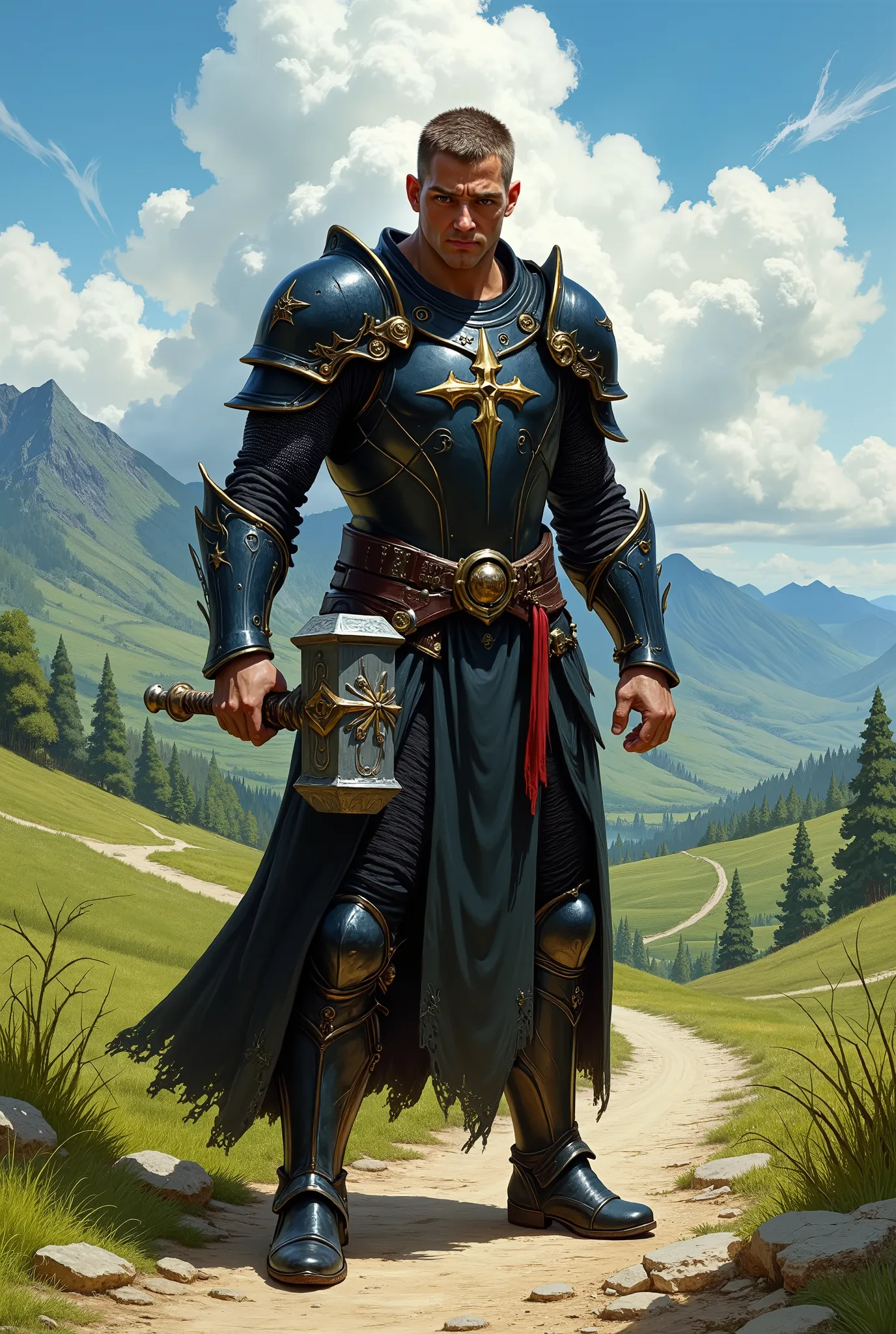 In RPG style, in style of Dungeons & Dragons, in style of fantasy painting. Full body view, looking at the viewer. Image of a male cleric, holding a warhammer. Dark Metal armor with gold elements. Dark pants and dark leather boots with small heels. Short h...