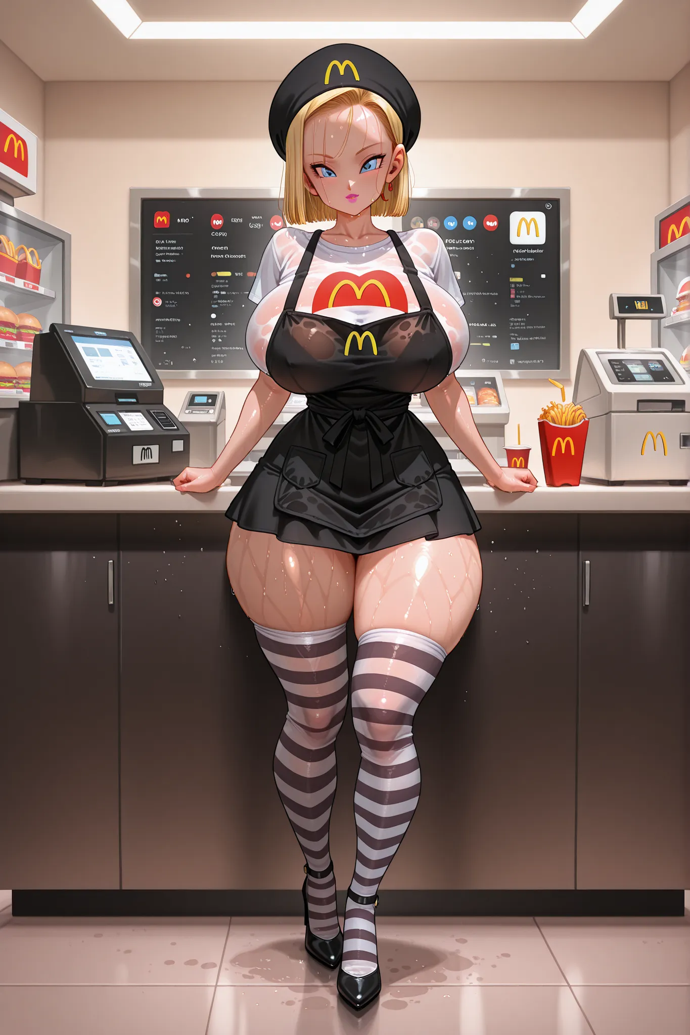 1girl, Androide18 (Dragon Ball  ) blond hair, without bangs, short hair,  blue eyes,  sexy pink lips,  very fair skin, Character, best quality, sweaty translucent short white t-shirt, very short black skirt,  medium length, light white bodice, big breasts,...