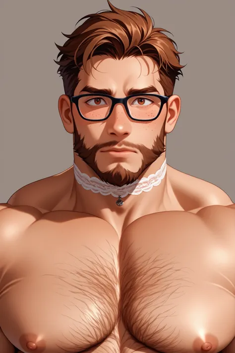 Muscular man, old age man, masculine hunk, pale skin man, face freckles, torso freckles, very short brown hair, hairy chest, brown color eyes, face checks flushed, shy facial expression, shy posture, really short brown beard, lace white choker, glasses, wh...