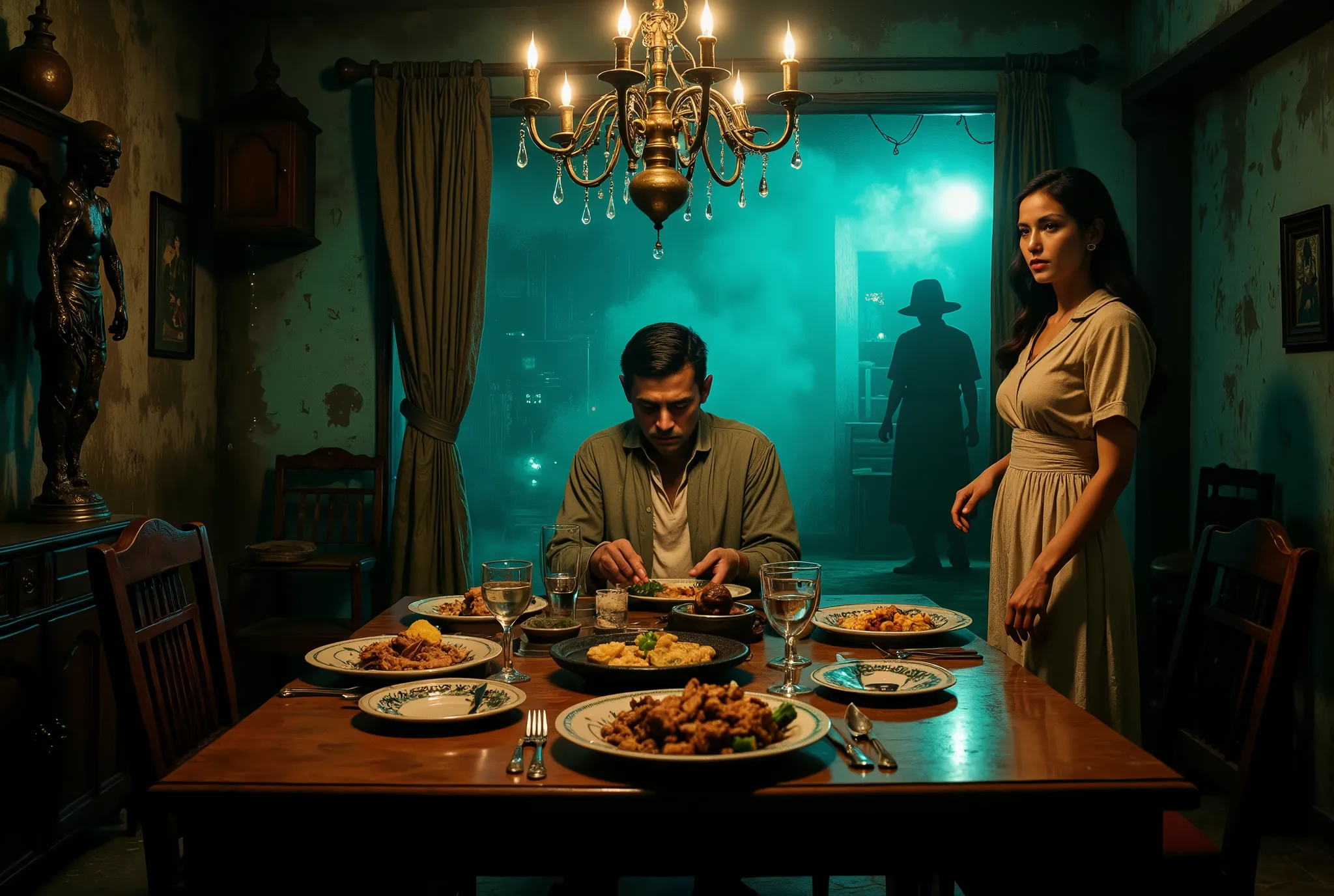 Only two people, the scene takes place in French colonial Indochine in the 1950s, A dimly lit dining room with a wooden table, set with a plate of food and wine glasses, exudes a heavy, melancholic mood. A wealthy but lonely man in a robe sits isolated, hi...