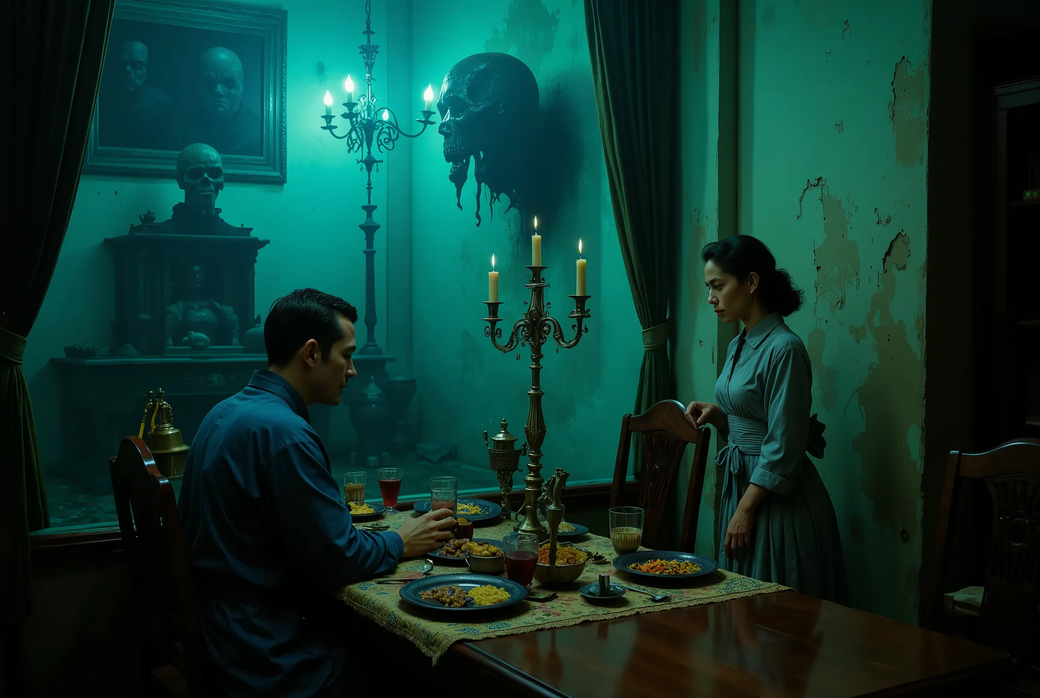 Only two people, the scene takes place in French colonial Indochine in the 1950s, A dimly lit dining room with a wooden table, set with a plate of food and wine glasses, exudes a heavy, melancholic mood. A wealthy but lonely man in a robe sits isolated, hi...