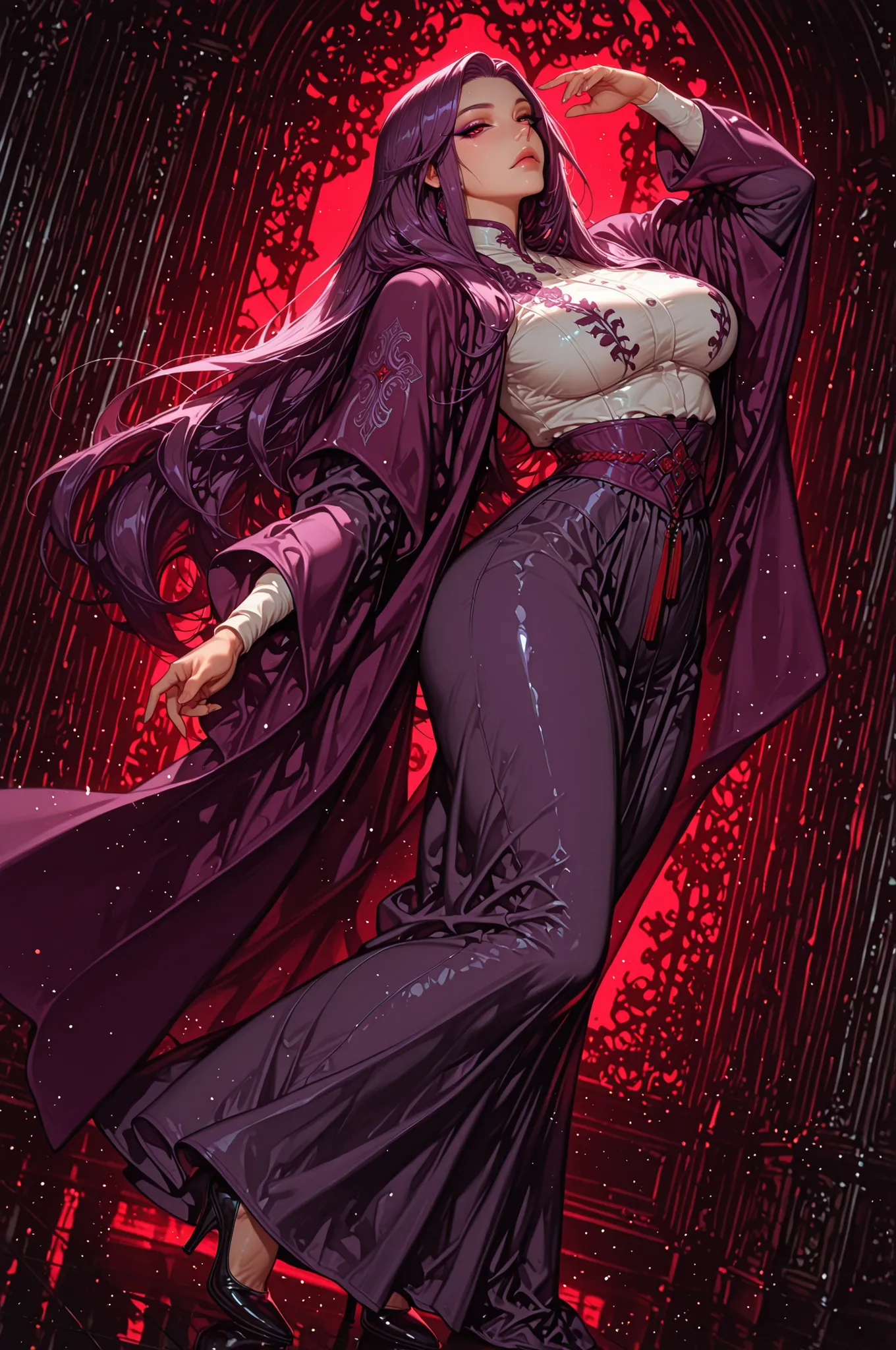 adult female, medium plus plus sized breasts, mature women, mature woman, 1girl, pinklips,calm gaze, crimson-red eyes, purple eyeliner, purple hair(eminence shade), purple robes(white embroidery), medium plus plus sized breasts, toned body, very long hair,...