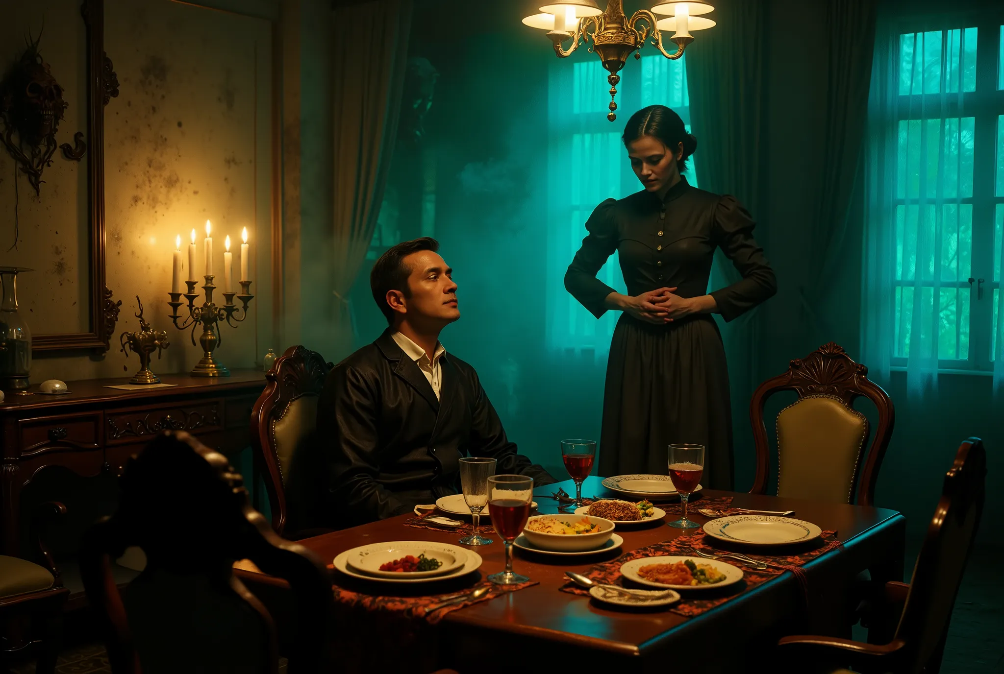Only two people, the scene takes place in French colonial Indochine in the 1950s, A dimly lit dining room with a wooden table, set with a plate of food and wine glasses, exudes a heavy, melancholic mood. A wealthy but lonely man in a robe sits isolated, hi...