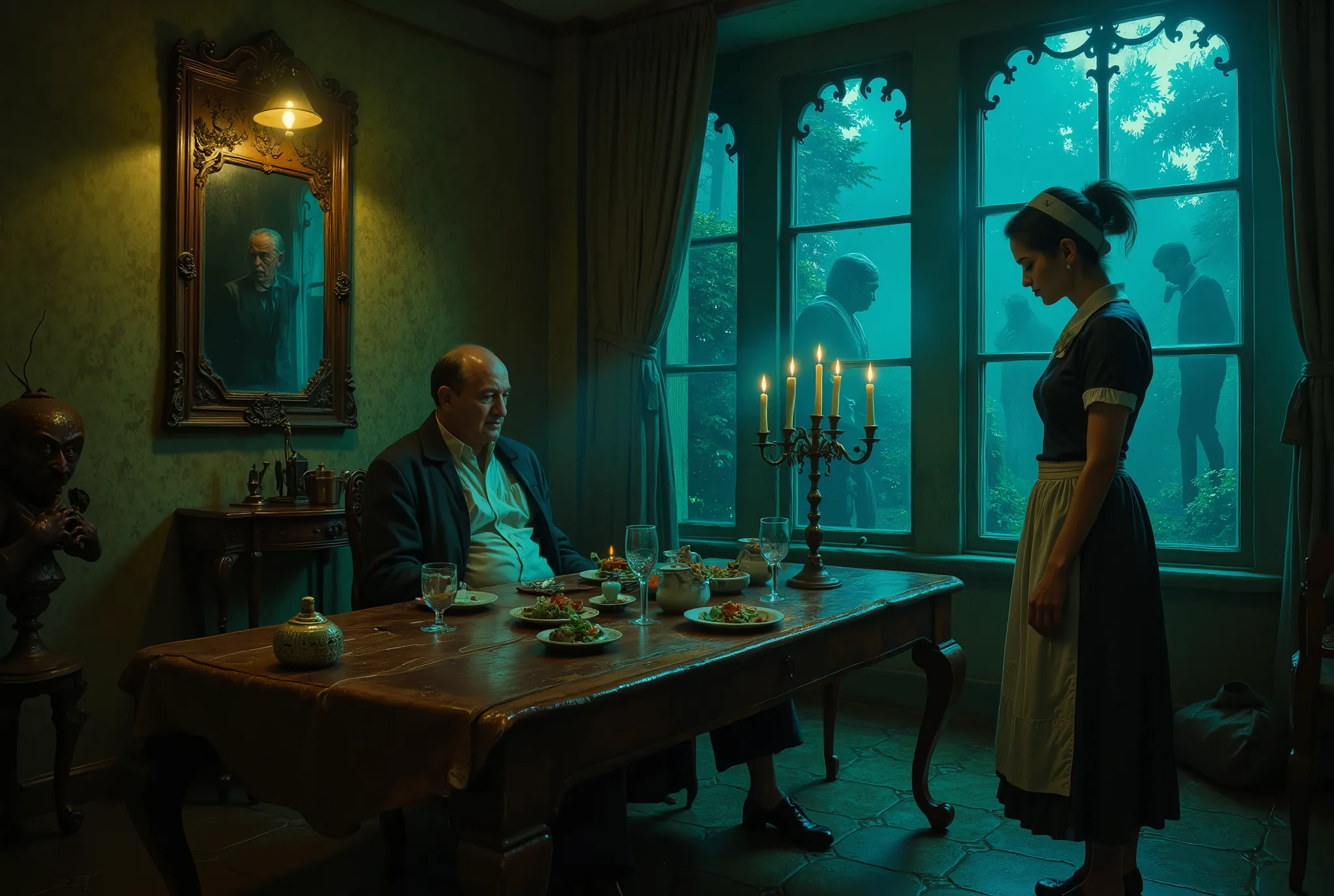 Only two people, the scene takes place in French colonial Indochine in the 1950s, A dimly lit dining room with a wooden table, set with a plate of food and wine glasses, exudes a heavy, melancholic mood. A wealthy but lonely man in a robe sits isolated, hi...