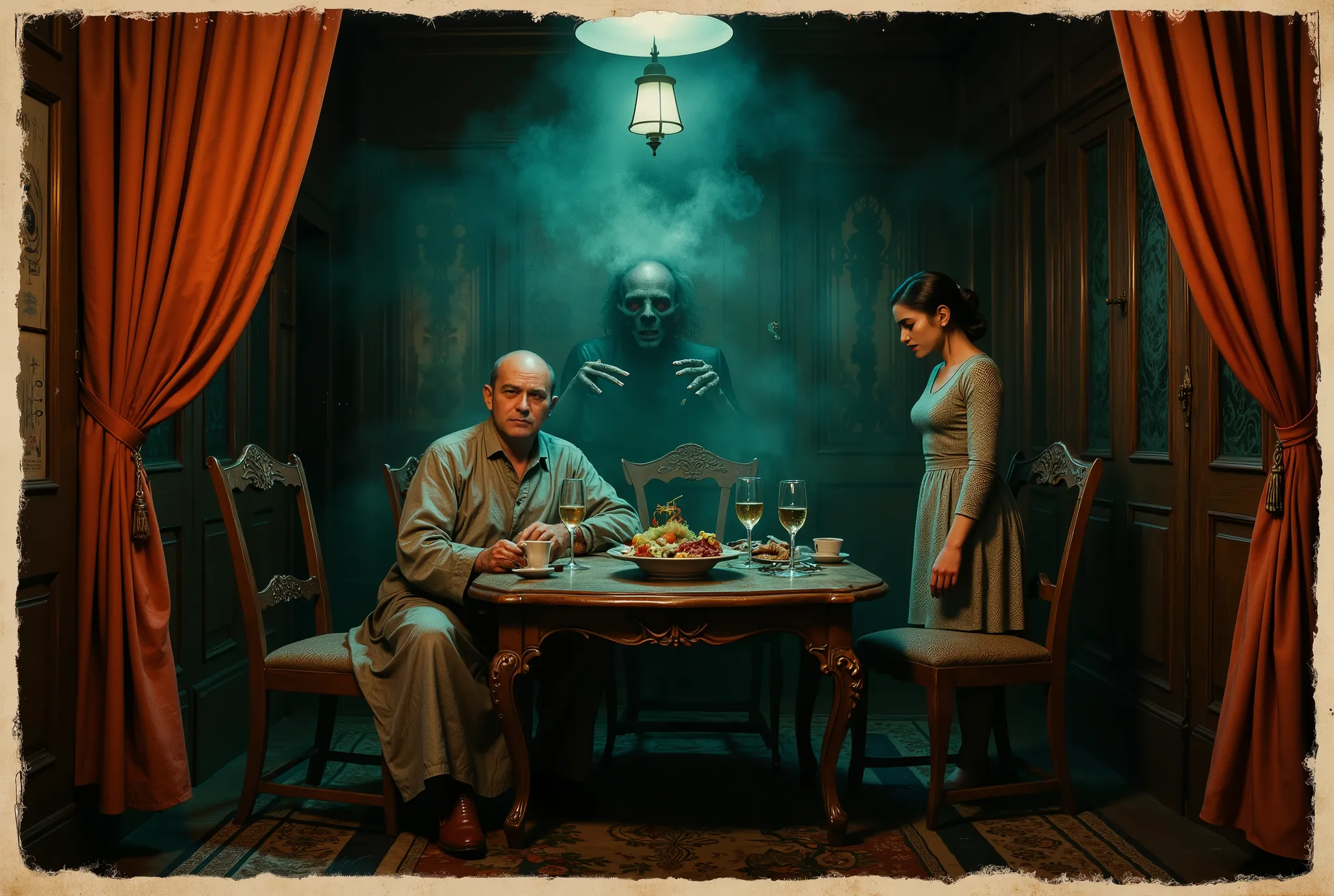 Only two people, the scene takes place in French colonial Indochine in the 1950s, A dimly lit dining room with a wooden table, set with a plate of food and wine glasses, exudes a heavy, melancholic mood. A wealthy but lonely white French man in a robe sits...