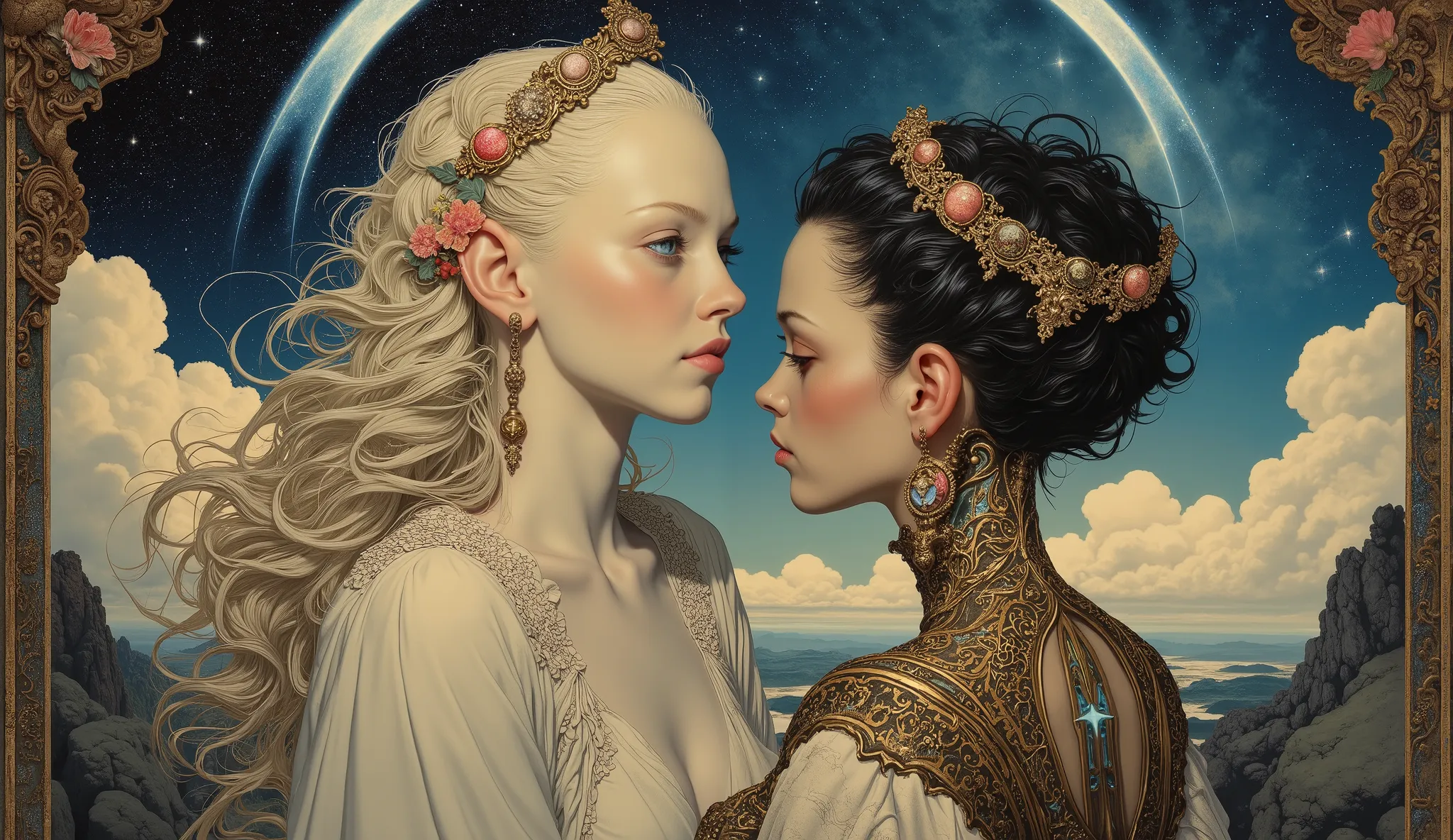 (( Bartolomé Murillo)) ((Cyberpunk's)), unique , In the clouds of the galaxy,　starry sky, halo,  , Blonde Long, ((Bartolomé Esteban Murillo style)),  darkness，SF, ((top quality, masterpiece)), (More Rights  , 高details),  8,000，Canvas Oil Painting
 Her porc...