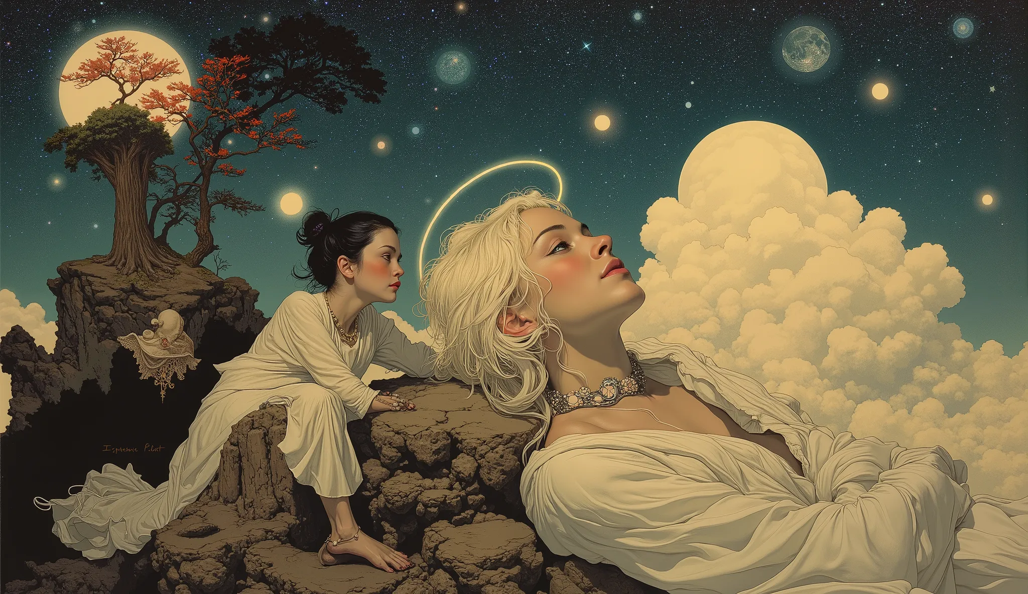 (( Bartolomé Murillo)) ((Cyberpunk's)), unique , In the clouds of the galaxy,　starry sky, halo,  , Blonde Long, ((Bartolomé Esteban Murillo style)),  darkness，SF, ((top quality, masterpiece)), (More Rights  , 高details),  8,000，Canvas Oil Painting
 Her porc...