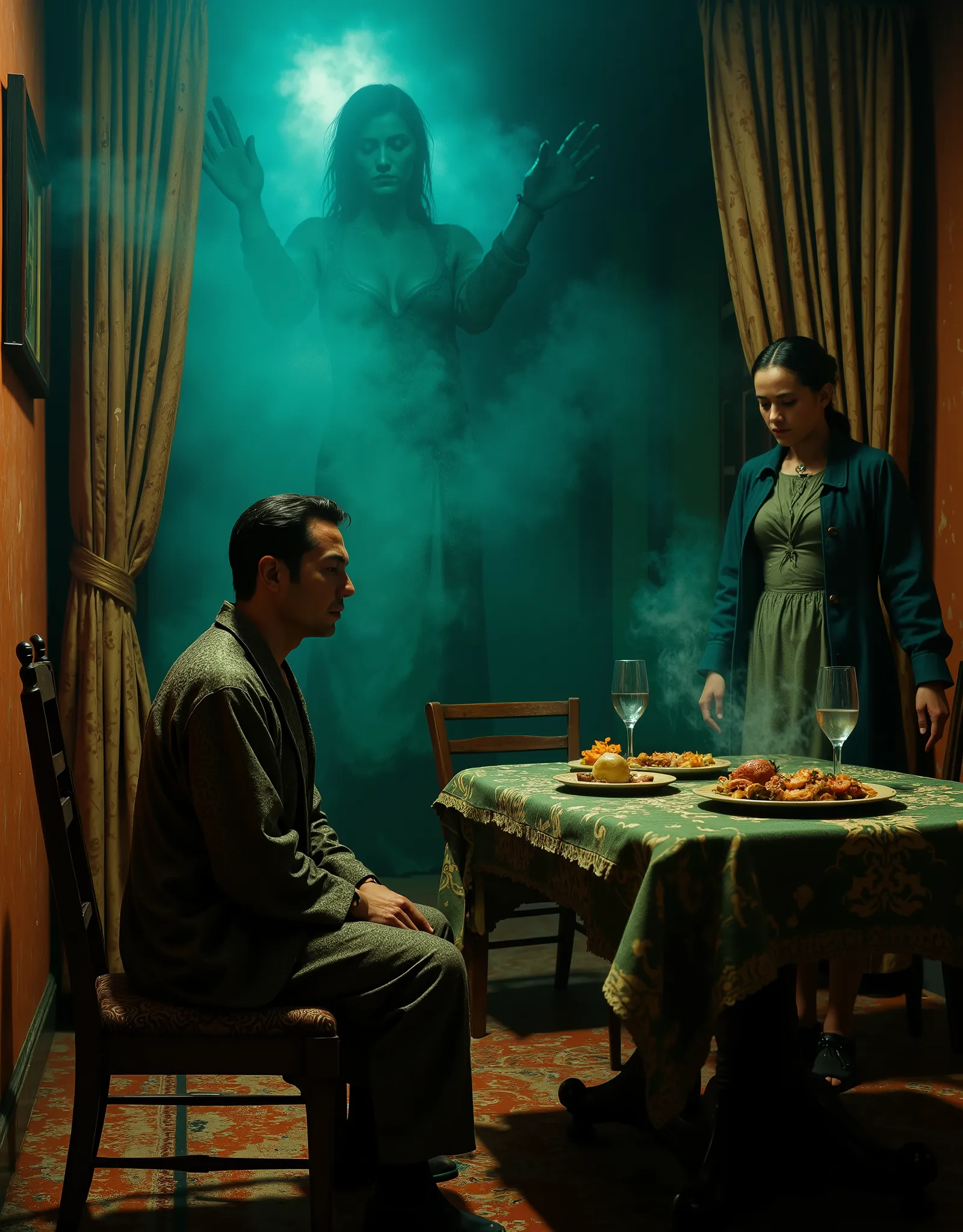 Only two people, the scene takes place in French colonial Indochine in the 1950s, A dimly lit dining room with a wooden table, set with a plate of food and wine glasses, exudes a heavy, melancholic mood. A wealthy but lonely white French man in a robe sits...
