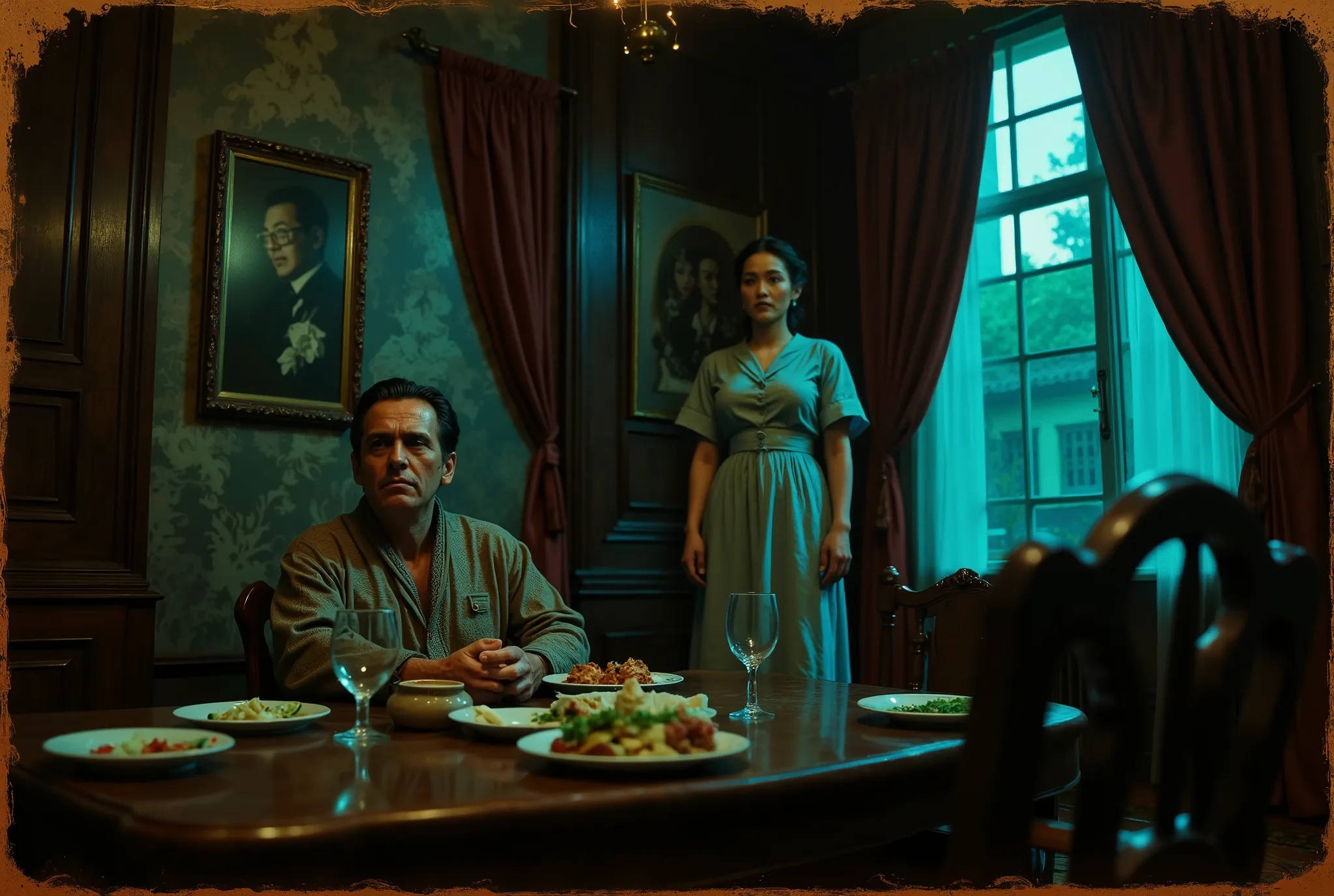 Only two people, the scene takes place in French colonial Indochine in the 1950s, A dimly lit dining room with a wooden table, set with a plate of food and wine glasses, exudes a heavy, melancholic mood. A wealthy but lonely white French man in a robe sits...
