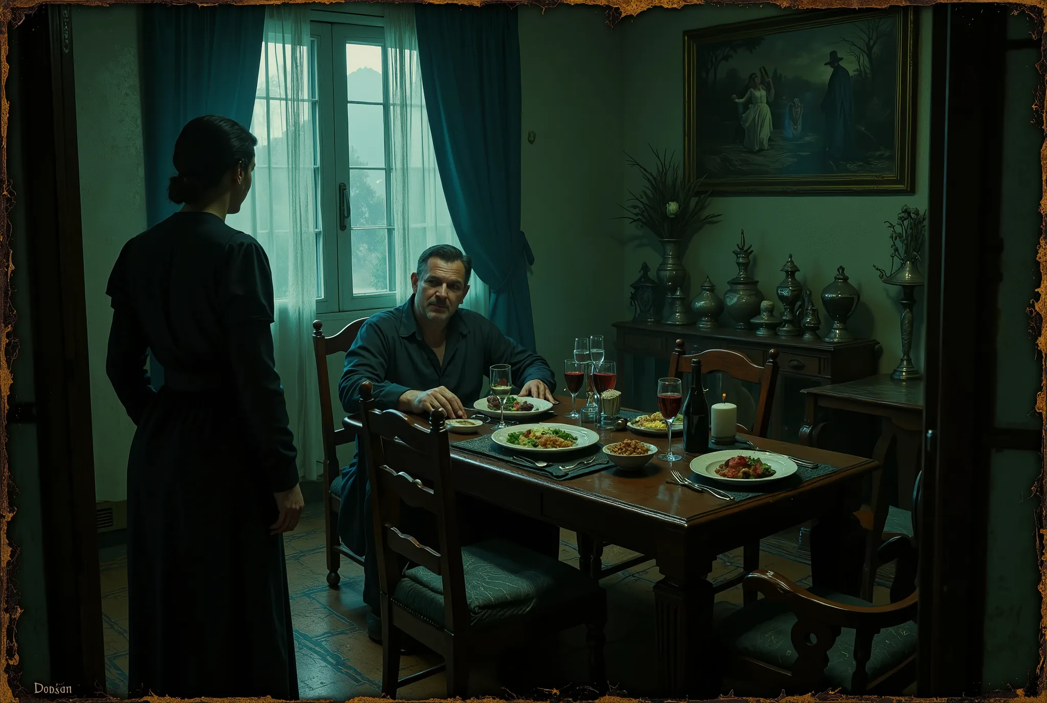 Only two people, the scene takes place in French colonial Indochine in the 1950s, A dimly lit dining room with a wooden table, set with a plate of food and wine glasses, exudes a heavy, melancholic mood. A wealthy but lonely white French man in a robe sits...